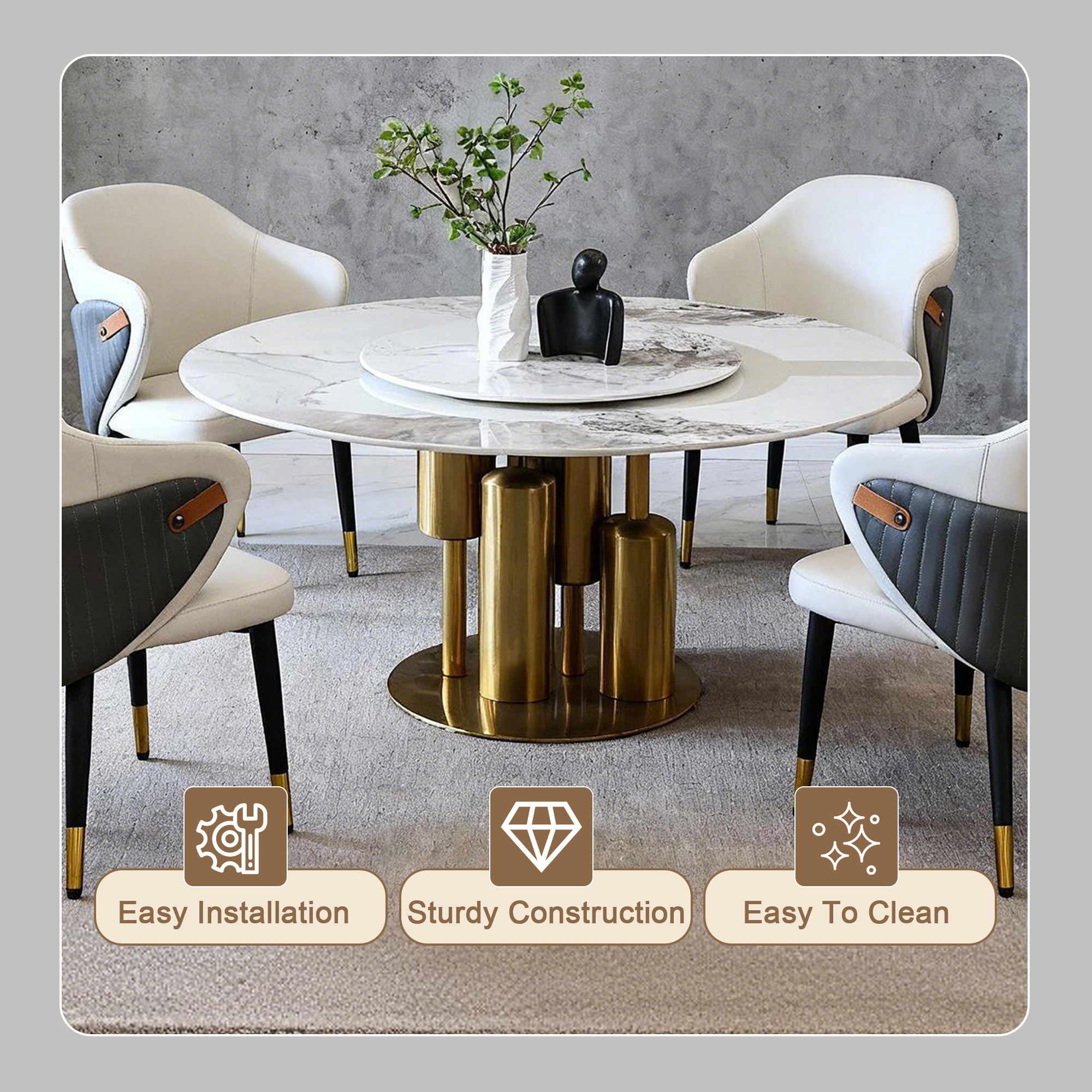59" Round Sintered Stone Dining Table Set with 360° Lazy Susan & Gold Base - Luxury Modern Kitchen Furniture for 6