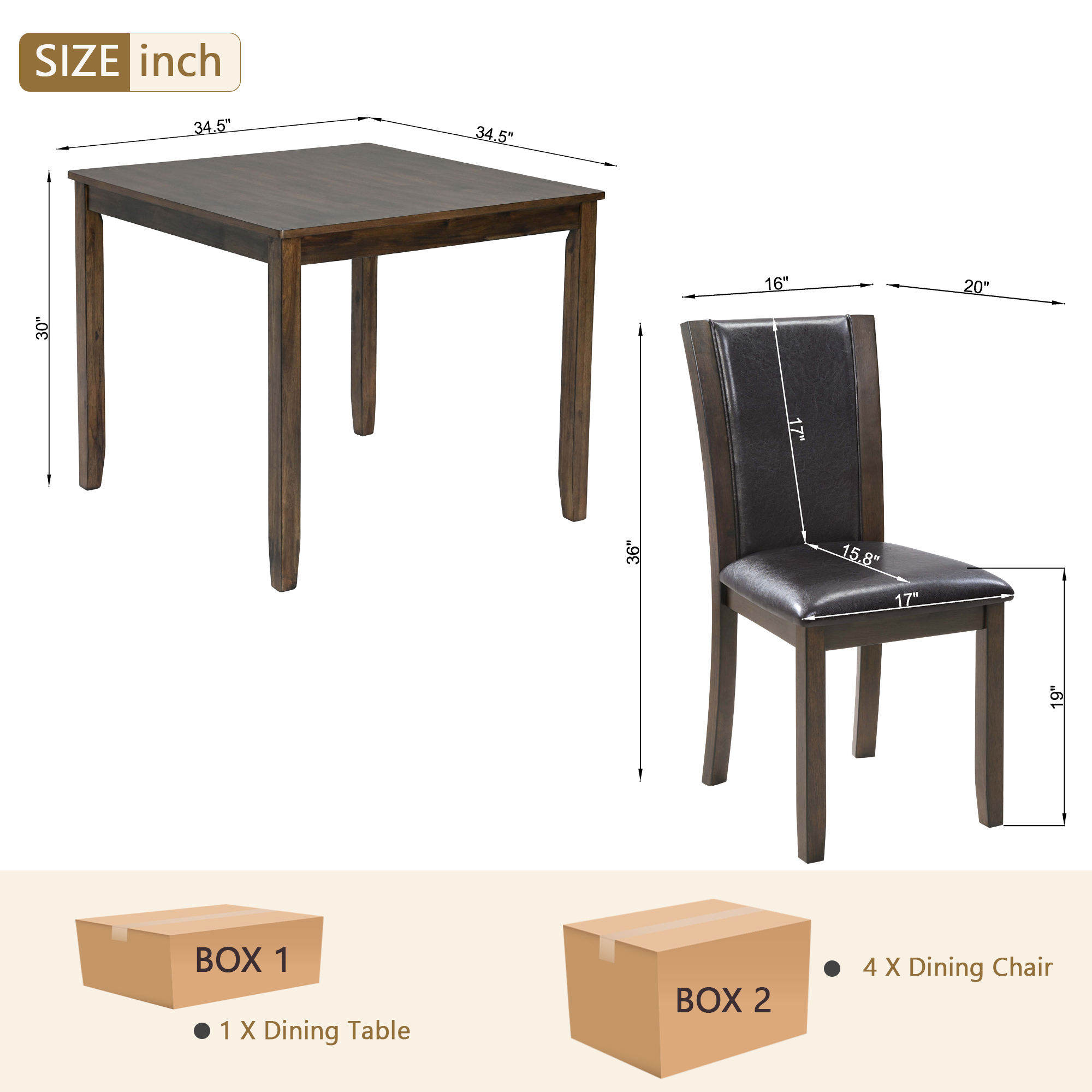 Rustic Farmhouse 5-Piece Dining Table Set with 4 Chairs - Dark Walnut Square Kitchen Table for Small Spaces