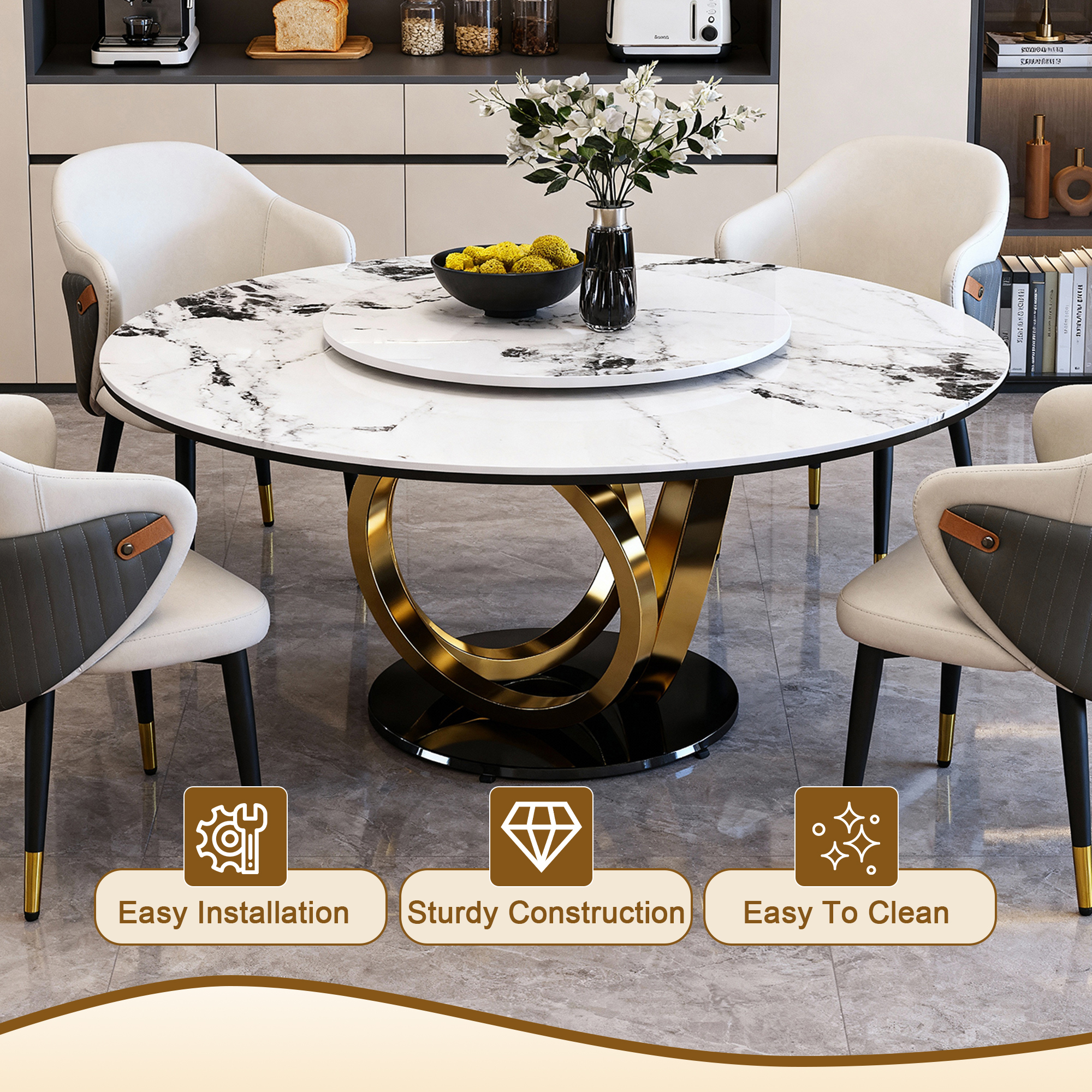 59" Round Dining Table Set with 360° Rotating Lazy Susan - Modern Sintered Stone Marble Top Kitchen Table for 6