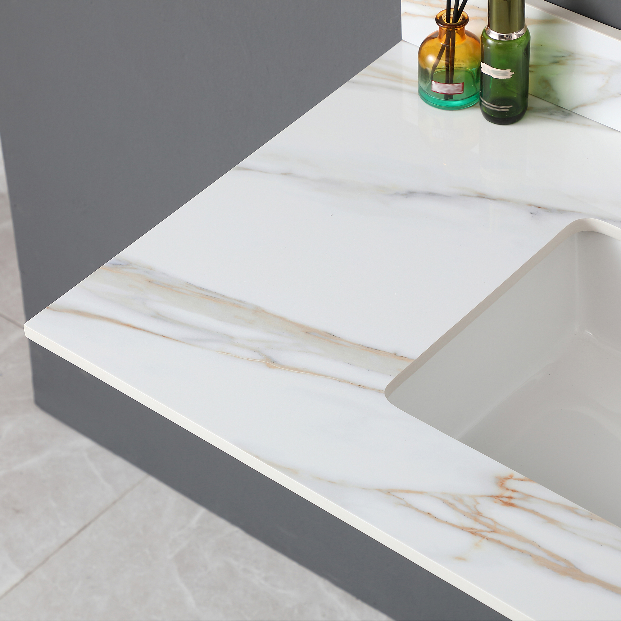 43 Inch Sintered Stone Vanity Top with Undermount Rectangular Sink, Carrara White Marble Bathroom Countertop with 4-Inch Backsplash & Pre-Drilled Faucet Holes