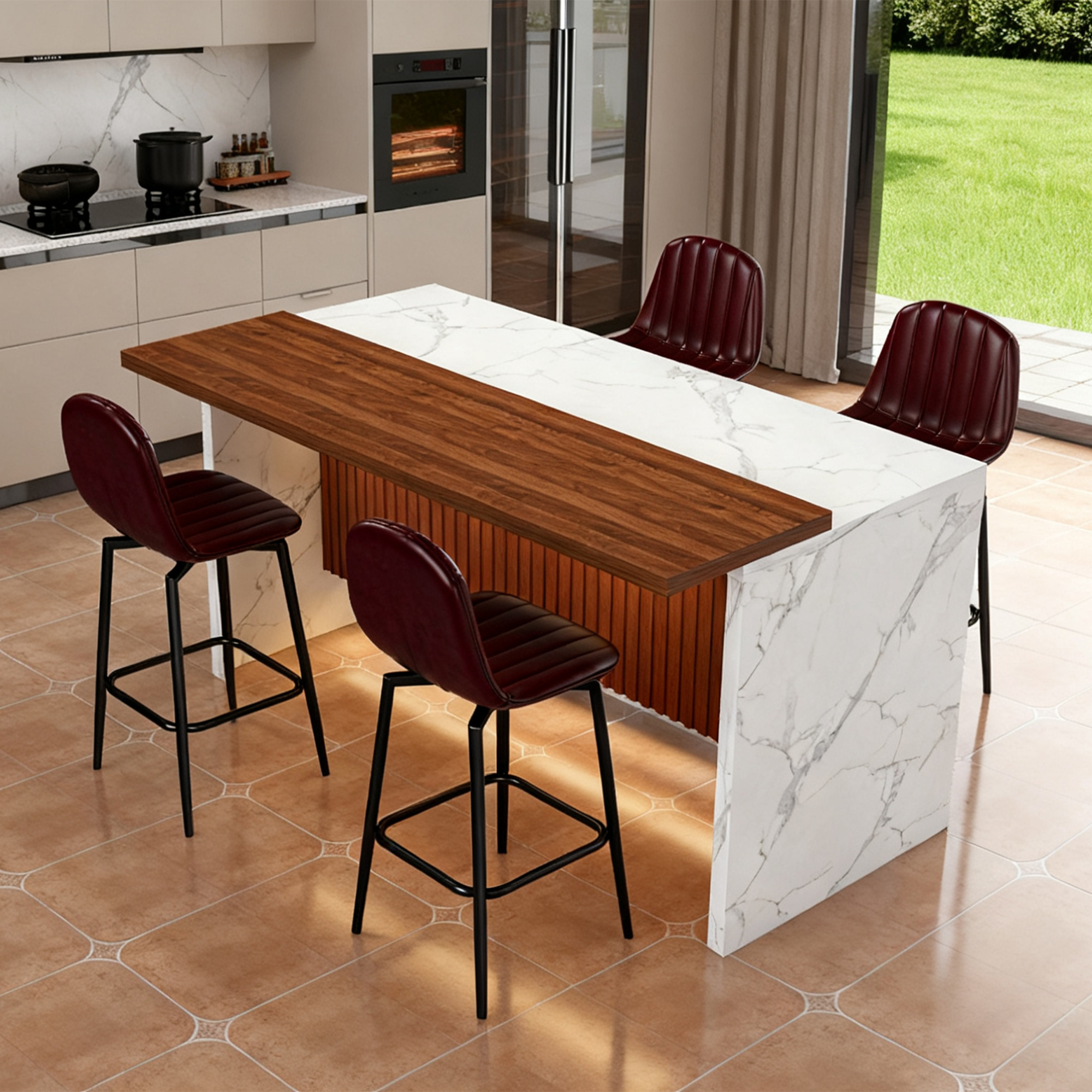 63" Modern Kitchen Island with LED Lighting & Marble Top - 4 Dark Brown Bar Stools Set for Open Concept Dining