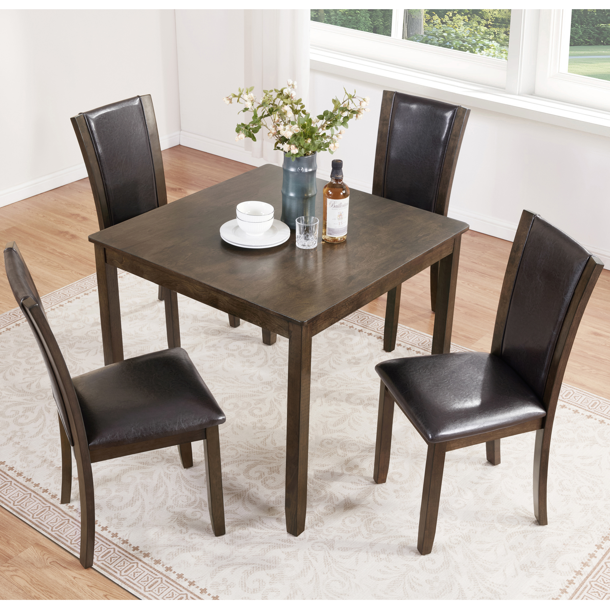 Rustic Farmhouse 5-Piece Dining Table Set with 4 Chairs - Dark Walnut Square Kitchen Table for Small Spaces