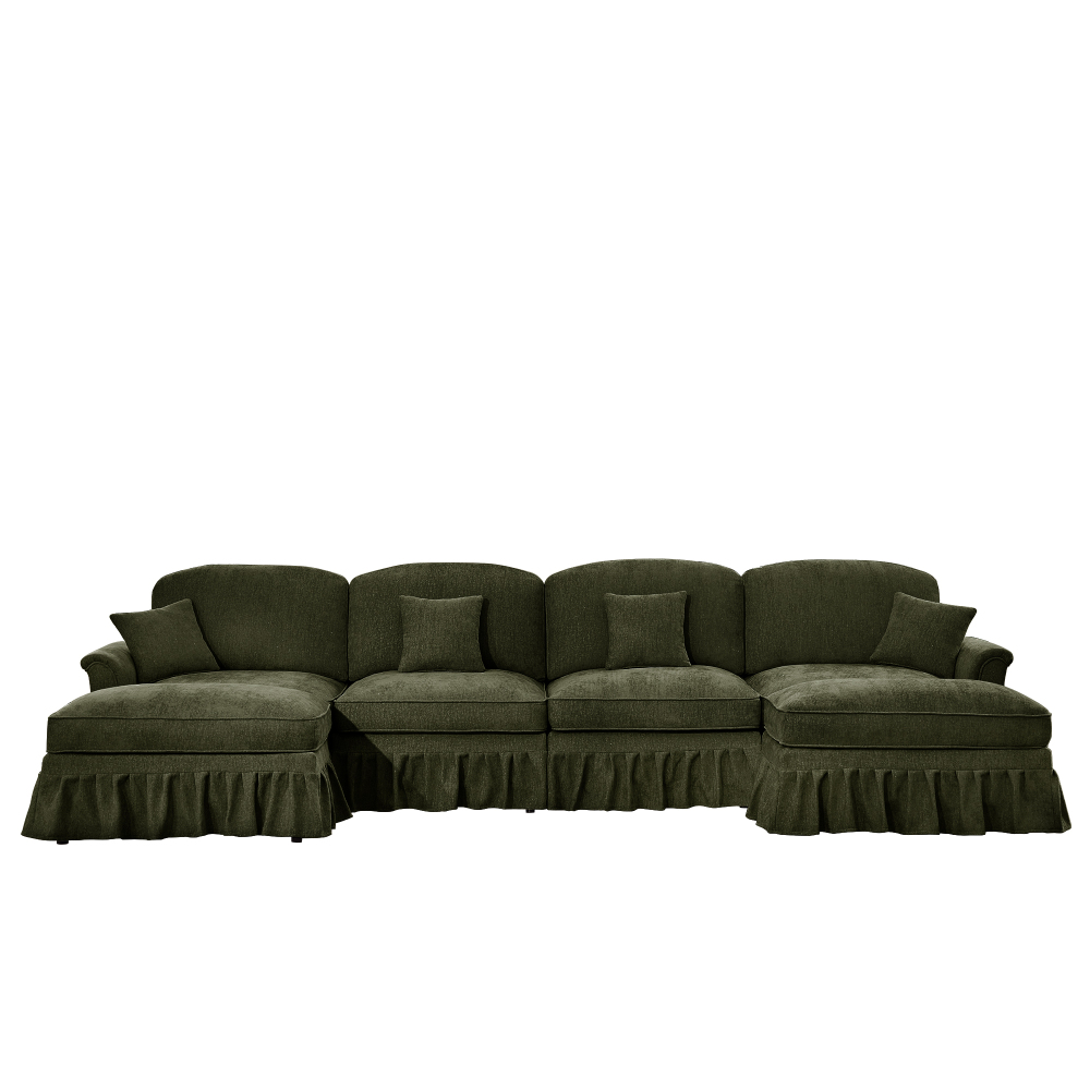 Classic Green Chenille U-Shaped Modular Sectional Sofa with Removable Ruffle Skirt & Flared Arms