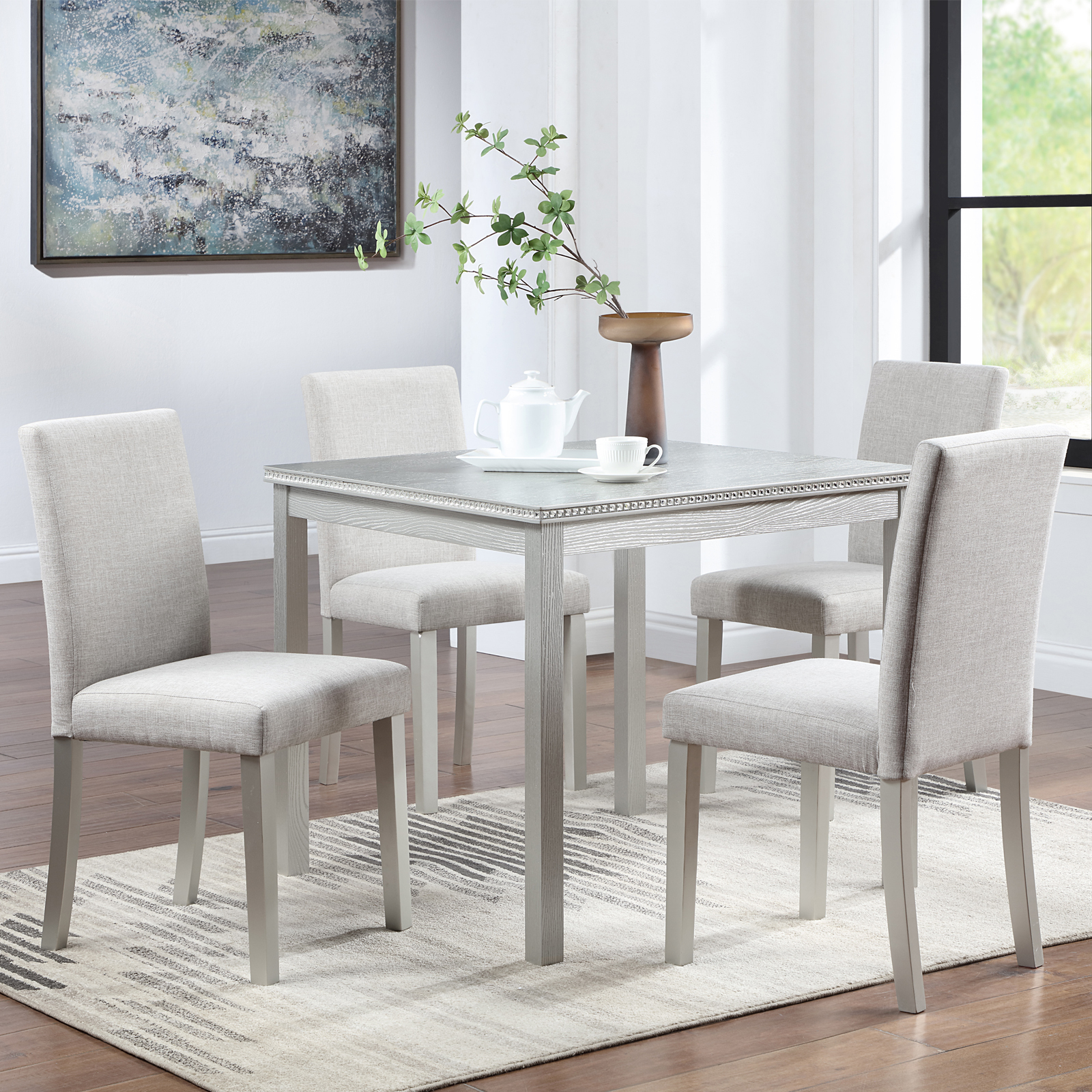 5-Piece Modern Square Dining Set with Crystal Accents, Silver Gray Wood Kitchen Table and 4 Upholstered Beige Chairs for Small Spaces