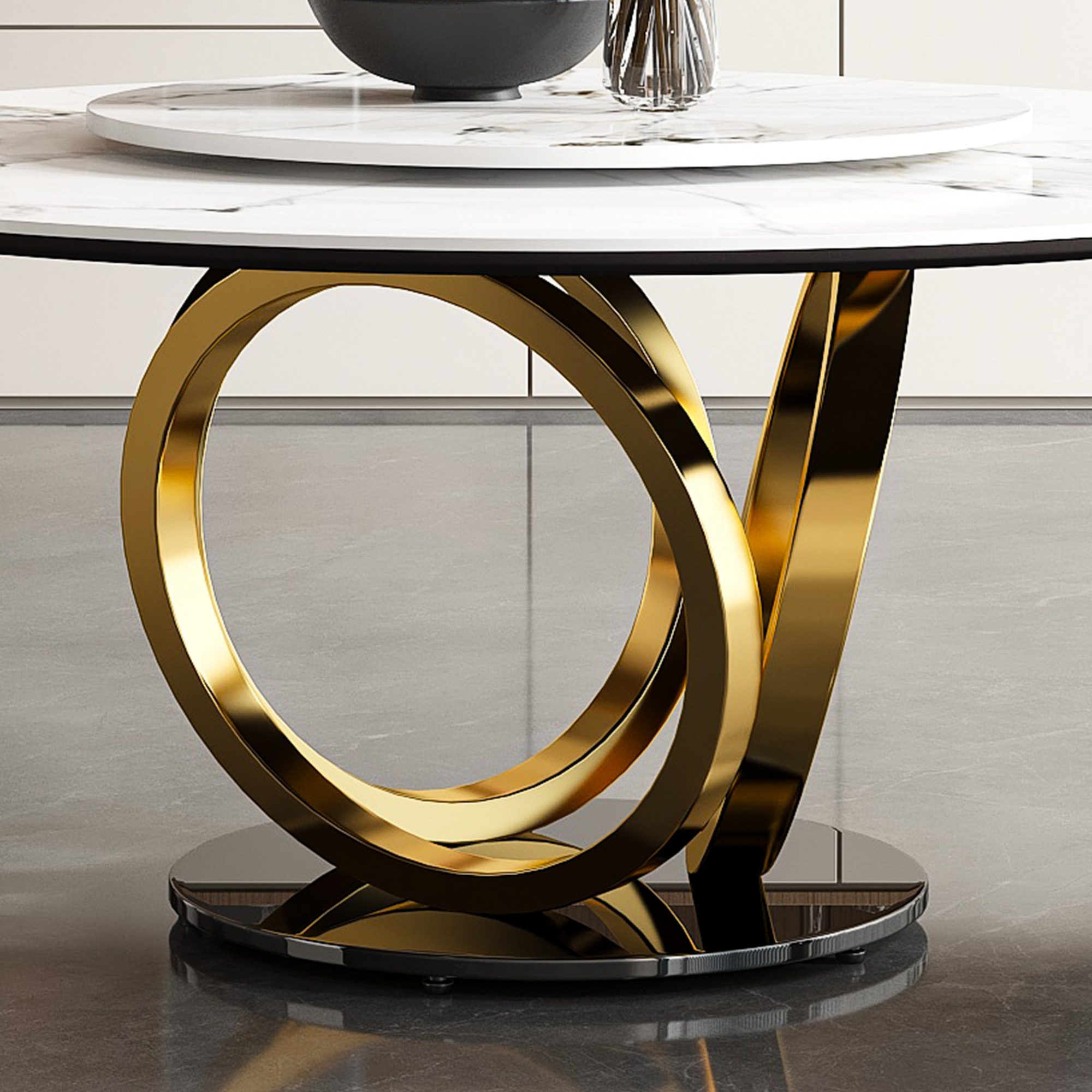 59" Round Sintered Stone Dining Table Set with Rotating Lazy Susan & Gold Base - Modern 8-Piece Kitchen Dinette Furniture