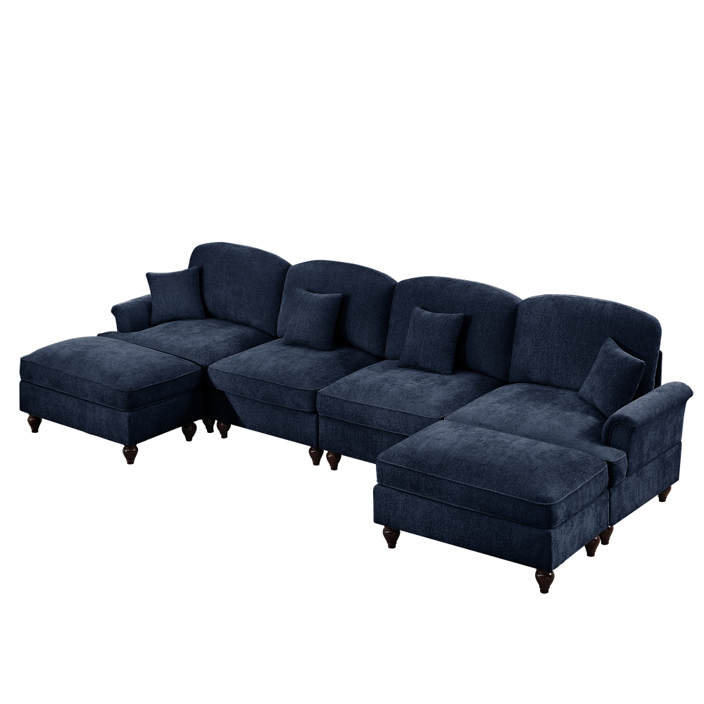Classic Blue Chenille U-Shaped Modular Sectional Sofa with Removable Ruffled Skirt & Flared Arms