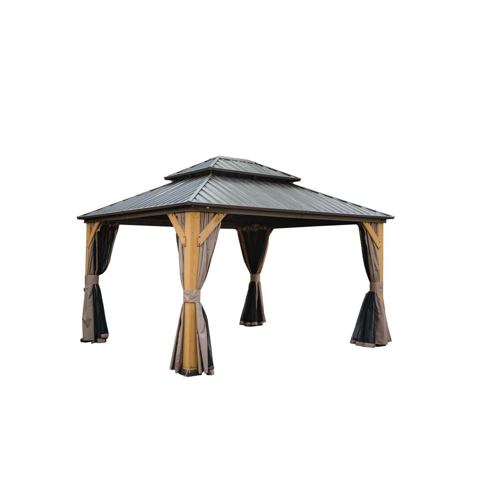 12'x14' Hardtop Gazebo with Galvanized Steel Double Roof, Cedar Wood Frame Outdoor Pavilion with Privacy Curtains & Mosquito Netting for Patio