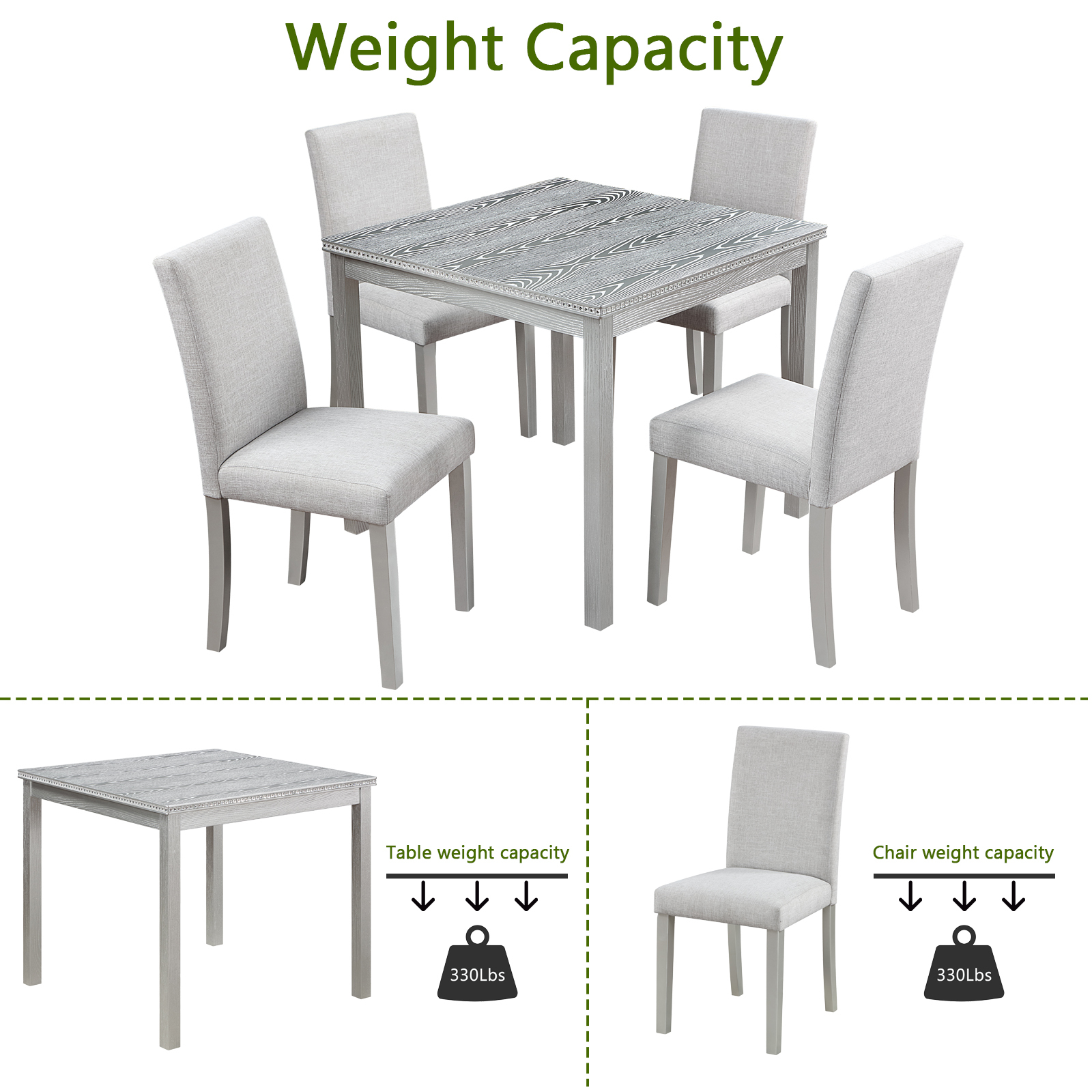 5-Piece Modern Square Dining Set with Crystal Accents, Silver Gray Wood Kitchen Table and 4 Upholstered Beige Chairs for Small Spaces