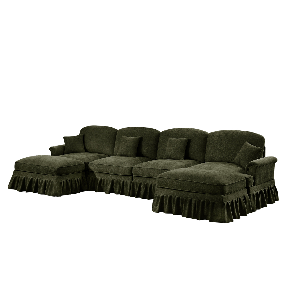 Classic Green Chenille U-Shaped Modular Sectional Sofa with Removable Ruffle Skirt & Flared Arms