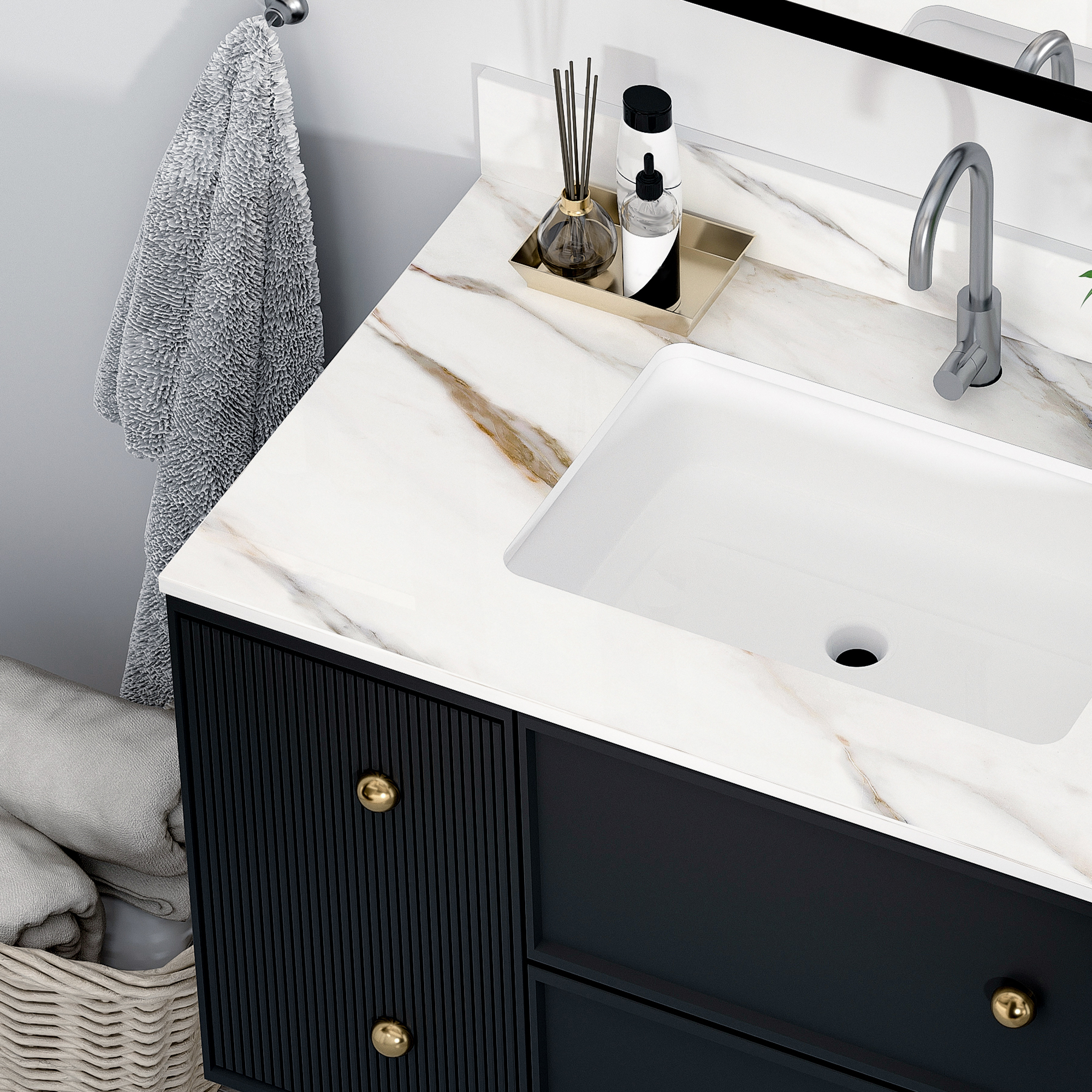 37" Sintered Stone Bathroom Vanity Top with Undermount Rectangular Sink - Carrara White Marble Countertop with 4" Backsplash