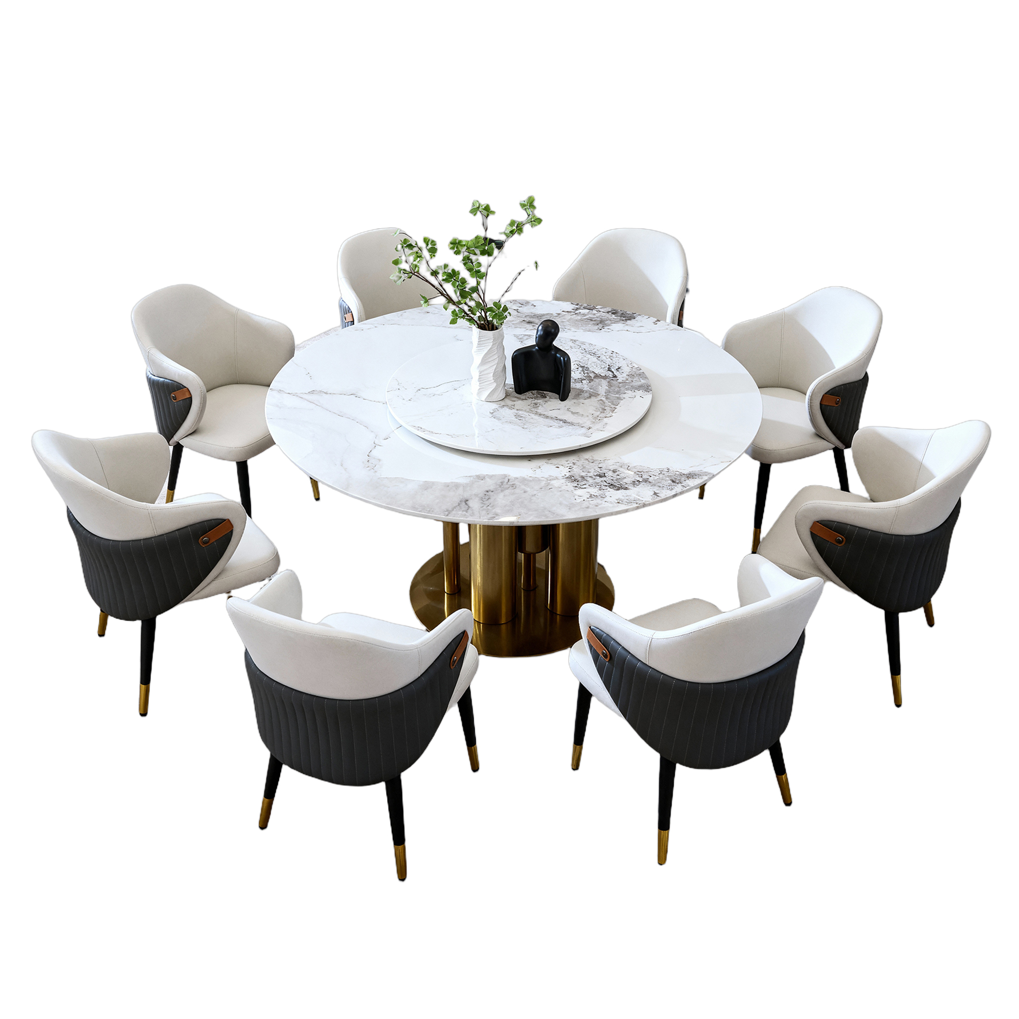 59" Round Dining Table Set with Lazy Susan & 8 Chairs, Luxury Sintered Stone Kitchen Table with Gold Base