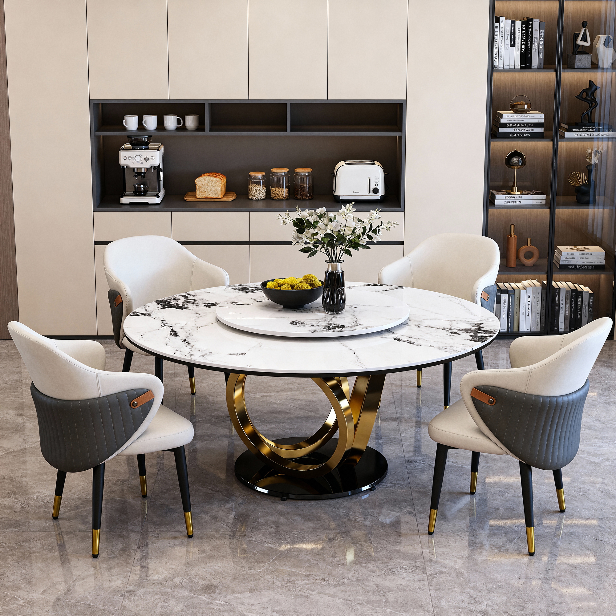 59" Round Dining Table Set with 360° Rotating Lazy Susan - Modern Sintered Stone Marble Top Kitchen Table for 6
