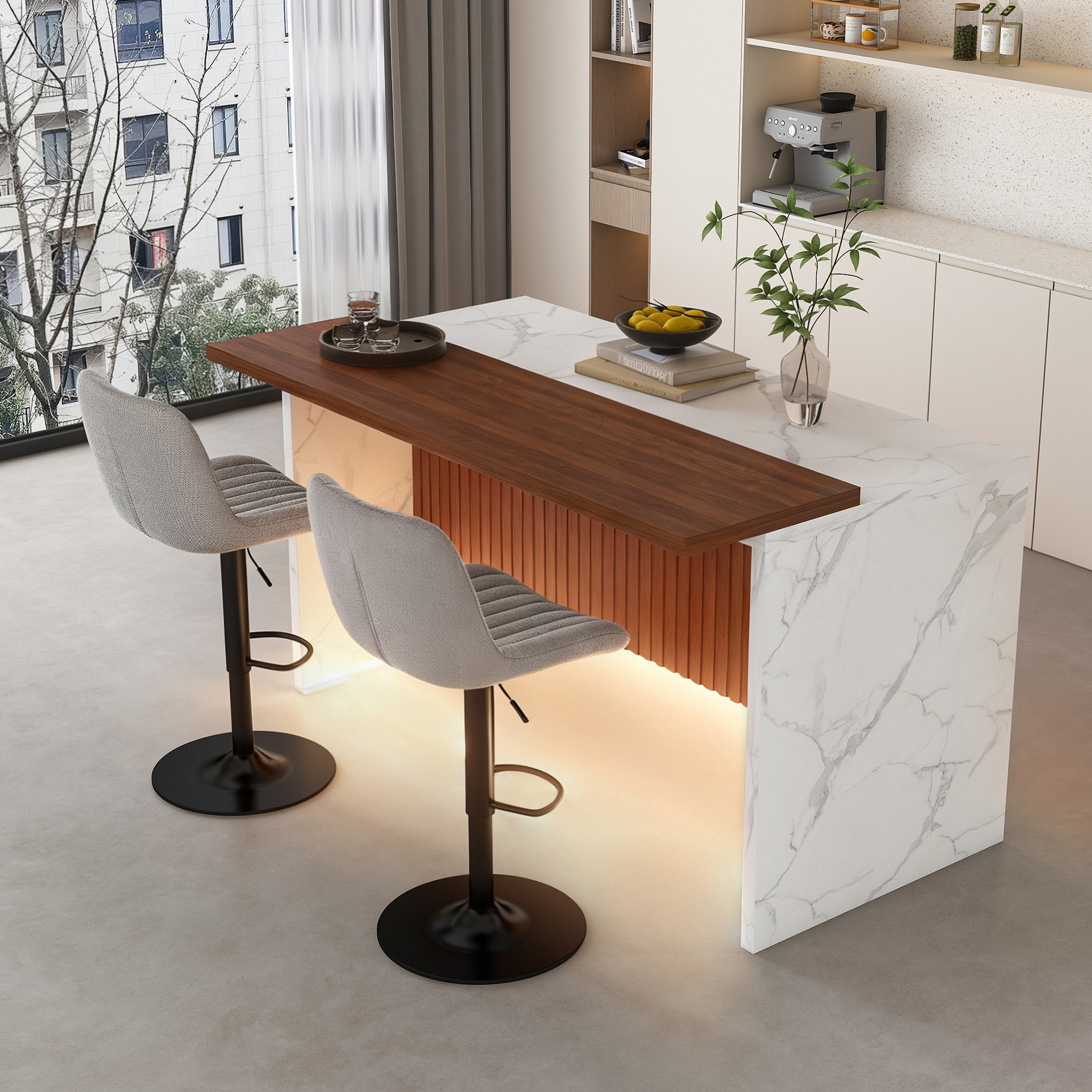 63" Modern Kitchen Island Set with LED Lighting & Marble Top - Contemporary Dining Table with Walnut Overhang, Grill Design & 2 Adjustable Gray Bar Stools for Open Concept Spaces