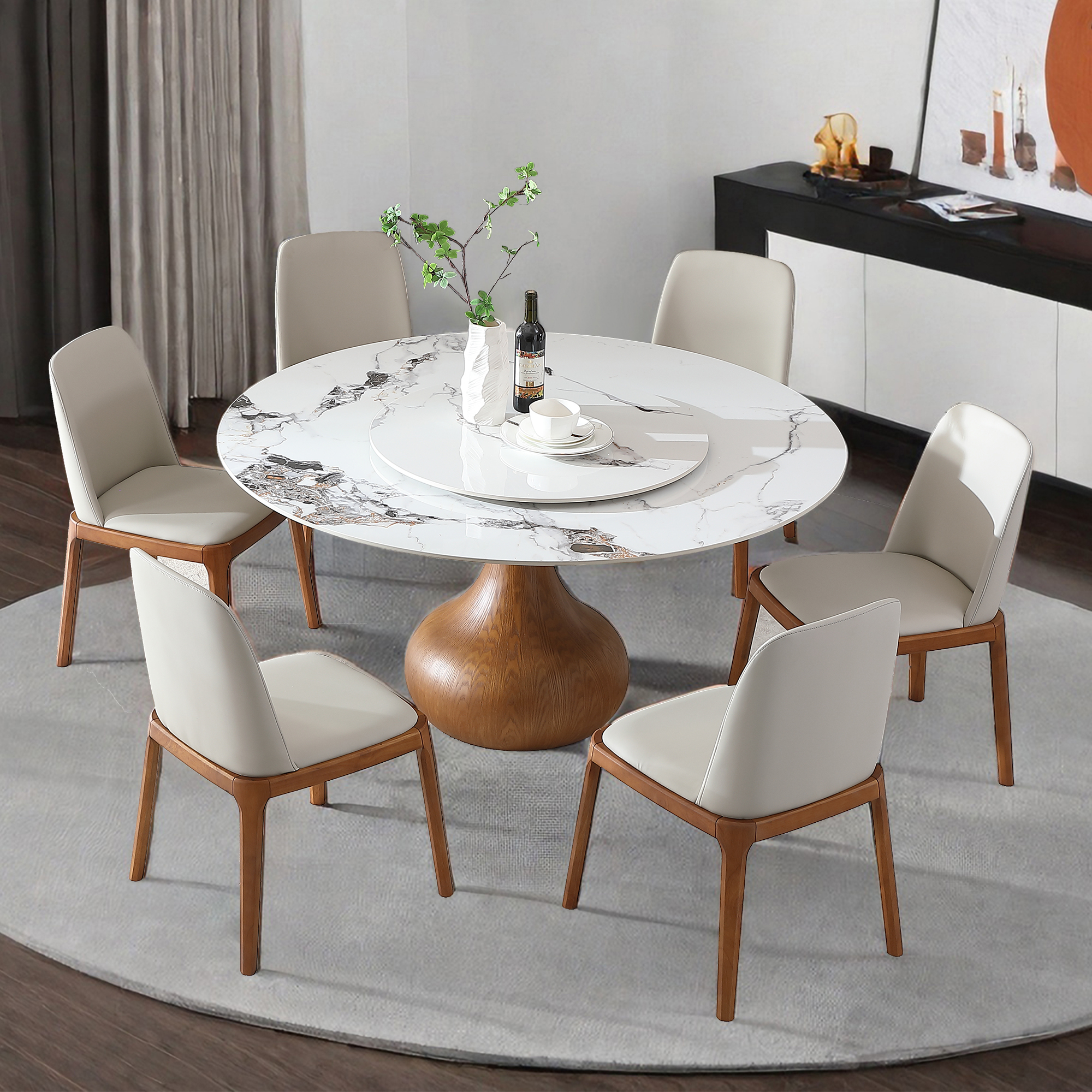 59" Round Sintered Stone Dining Table Set with Lazy Susan, Modern Marble Kitchen Table & 6 Upholstered Chairs, Luxury Pedestal Base for Dining Room