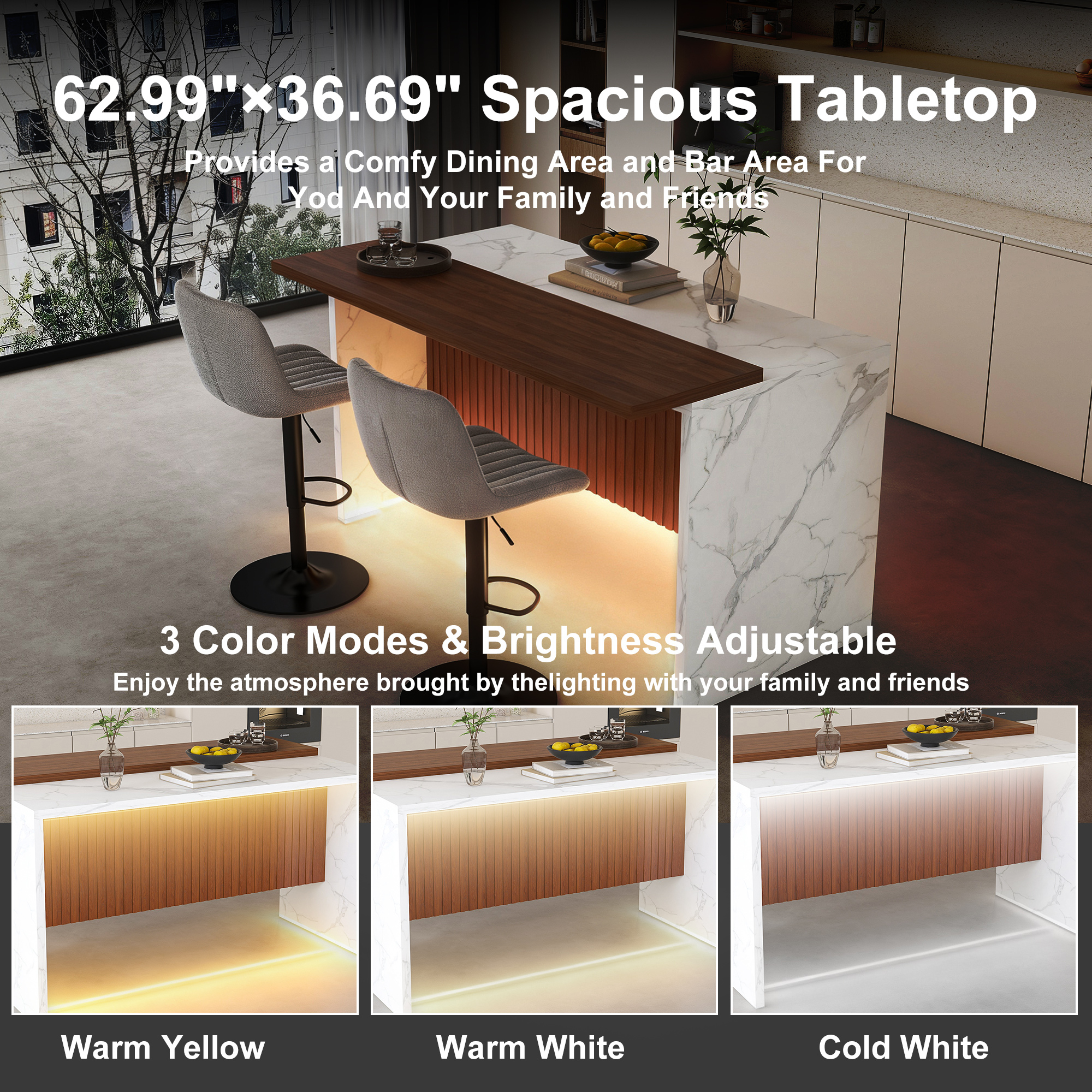 63" Modern Kitchen Island Set with LED Lighting & Marble Top - Contemporary Dining Table with Walnut Overhang, Grill Design & 2 Adjustable Gray Bar Stools for Open Concept Spaces