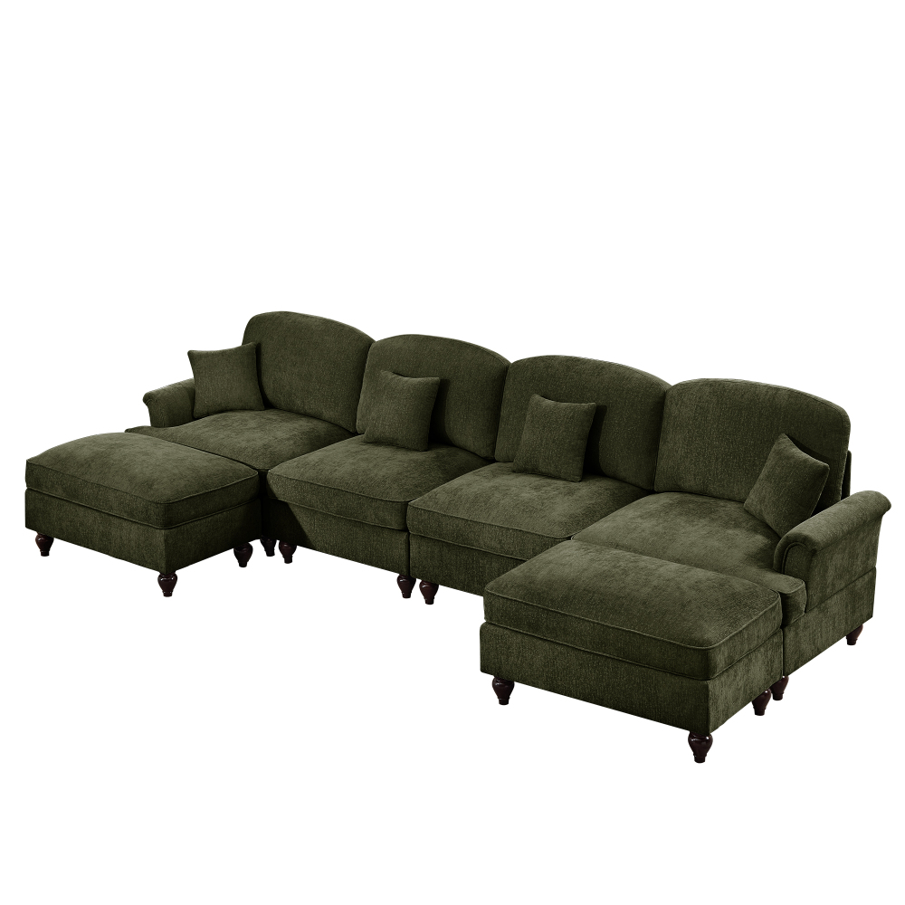Classic Green Chenille U-Shaped Modular Sectional Sofa with Removable Ruffle Skirt & Flared Arms