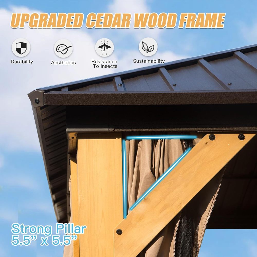 10x14 FT Cedar Wood Hardtop Gazebo with Galvanized Steel Double Roof, Outdoor Pavilion with Netting & Curtains for Patio, Backyard, and Deck