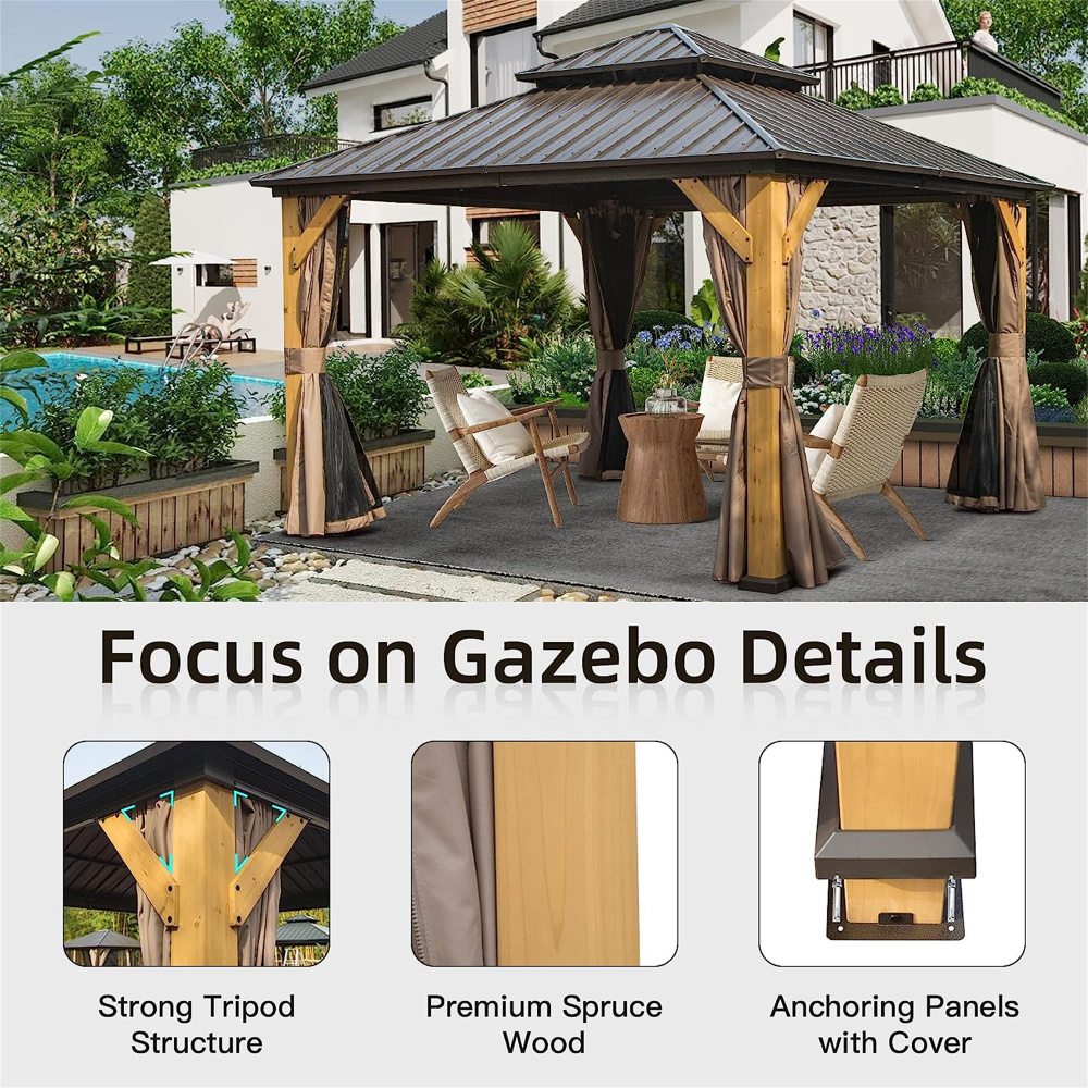 12'x12' Hardtop Gazebo with Cedar Wood Frame & Galvanized Steel Roof, Permanent Outdoor Patio Pavilion with Privacy Curtains & Bug Netting