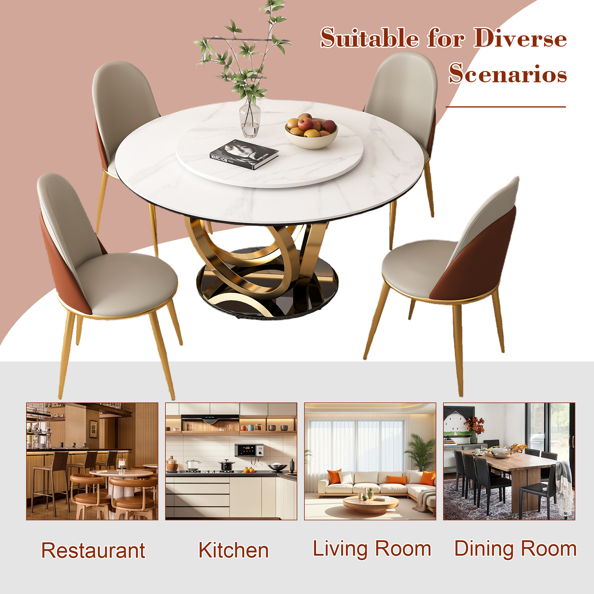 53" Round Dining Table Set with Lazy Susan - Sintered Stone Top & Gold Base, Modern 8-Person Kitchen Table