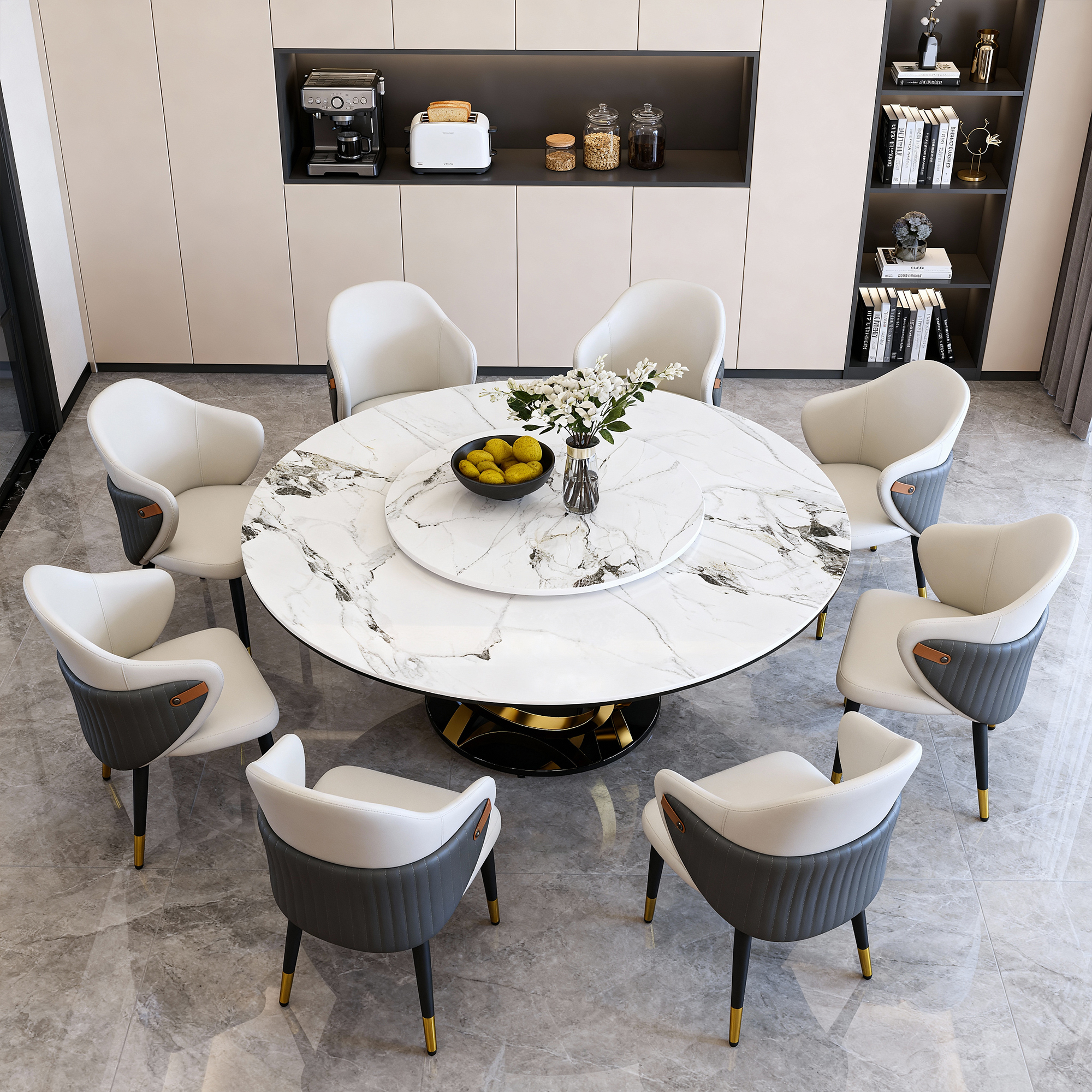 59" Round Dining Table Set with 360° Rotating Lazy Susan - Modern Sintered Stone Marble Top Kitchen Table for 6