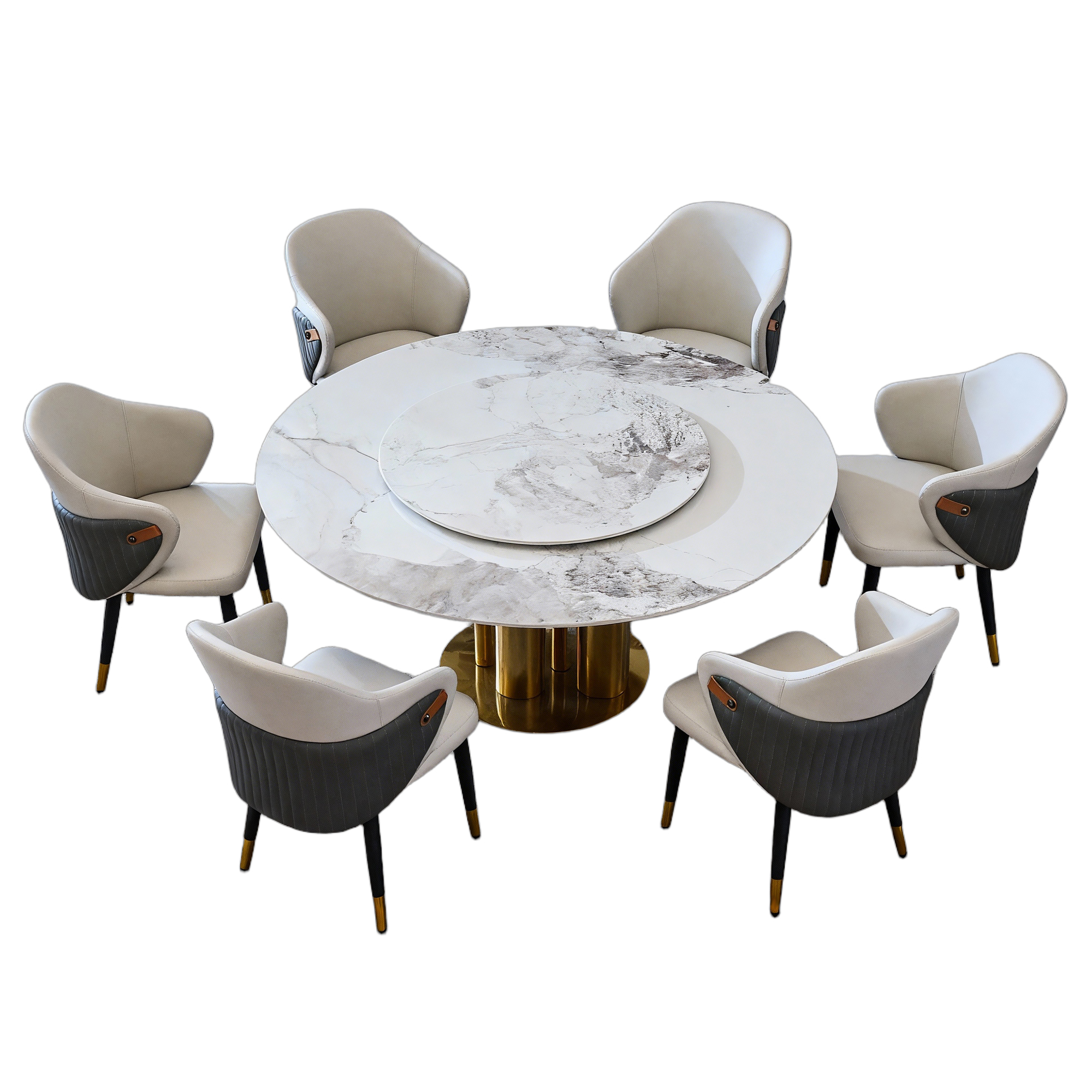 59" Round Sintered Stone Dining Table Set with 360° Lazy Susan & Gold Base - Luxury Modern Kitchen Furniture for 6