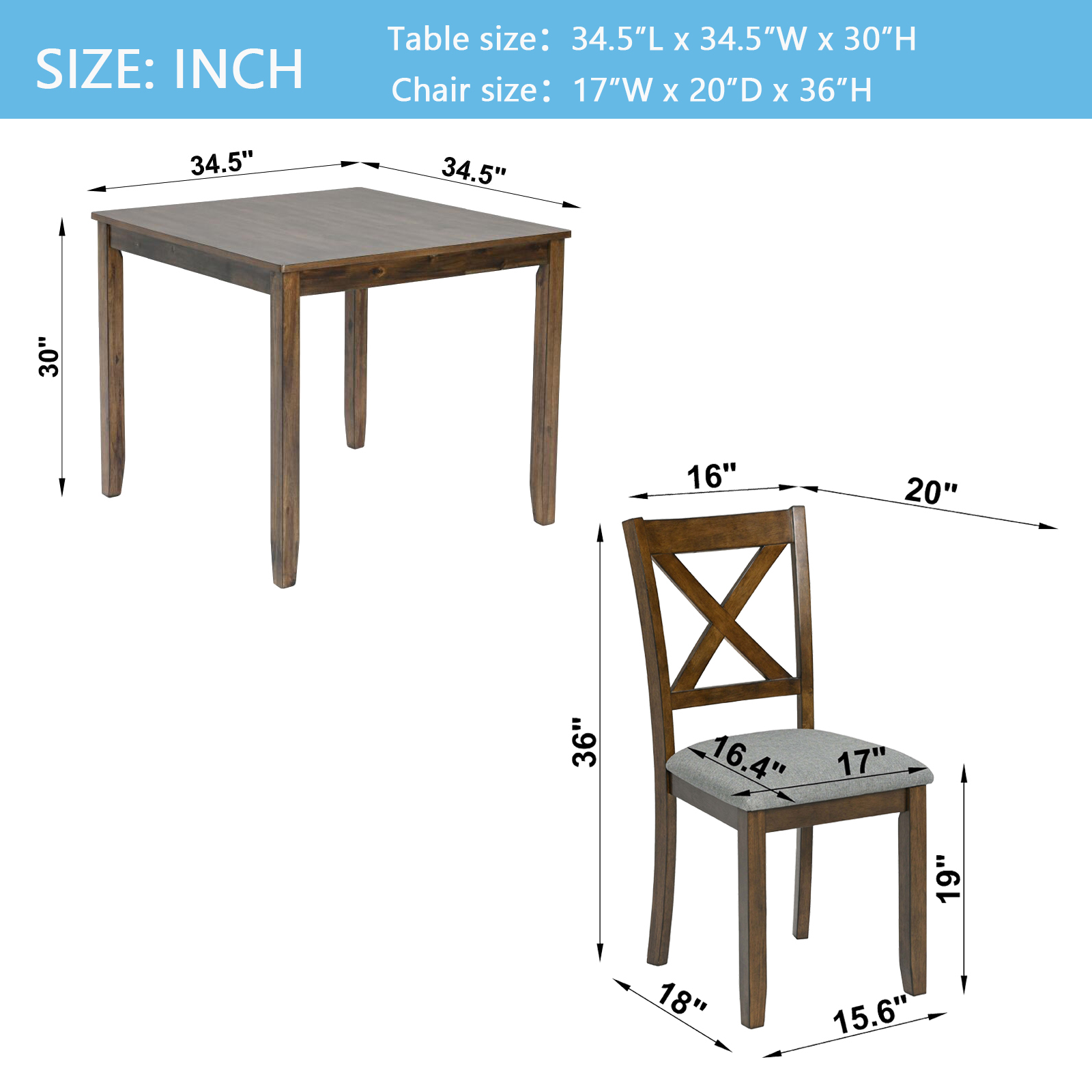 Modern 5-Piece Square Dining Table Set for 4, Walnut Finish Wood Kitchen Table with 4 Upholstered Cross-Back Chairs
