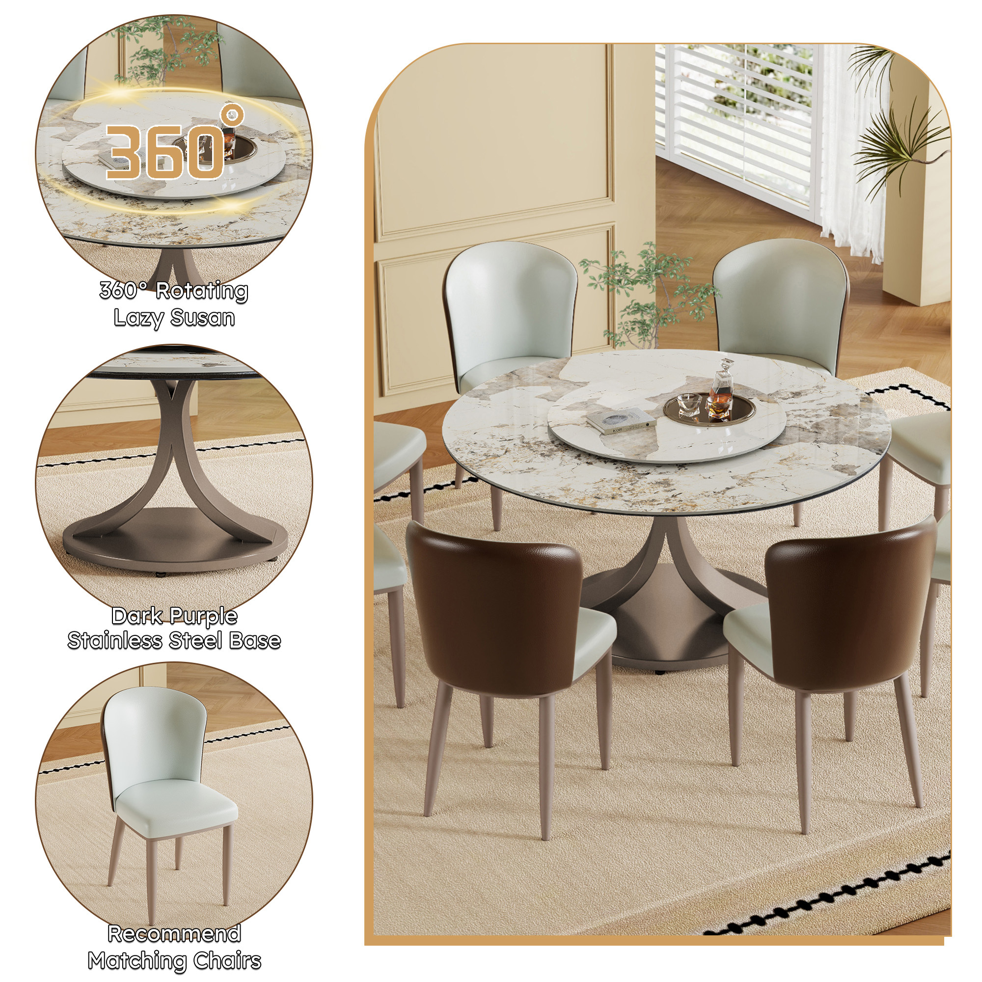 59" Round Dining Table Set with Rotating Lazy Susan - Scratch & Heat Resistant Sintered Stone Top, Stainless Steel Base, Modern Luxury Kitchen Furniture for 4-8 People