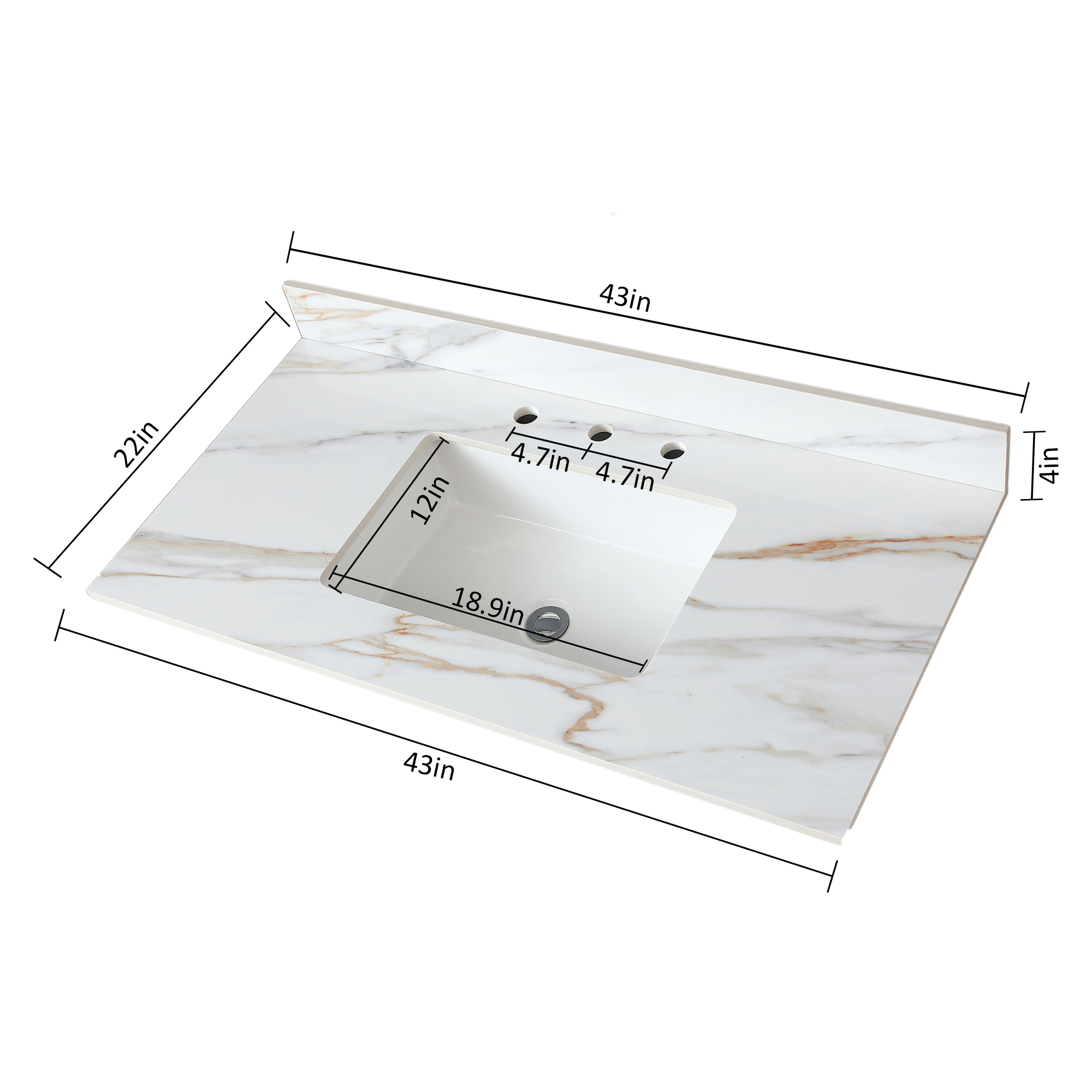 43 Inch Sintered Stone Vanity Top with Undermount Rectangular Sink, Carrara White Marble Bathroom Countertop with 4-Inch Backsplash & Pre-Drilled Faucet Holes