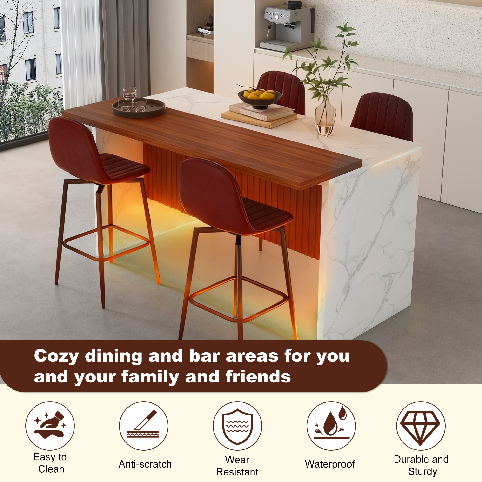 63" Modern Kitchen Island with LED Lighting & Marble Top - 4 Dark Brown Bar Stools Set for Open Concept Dining