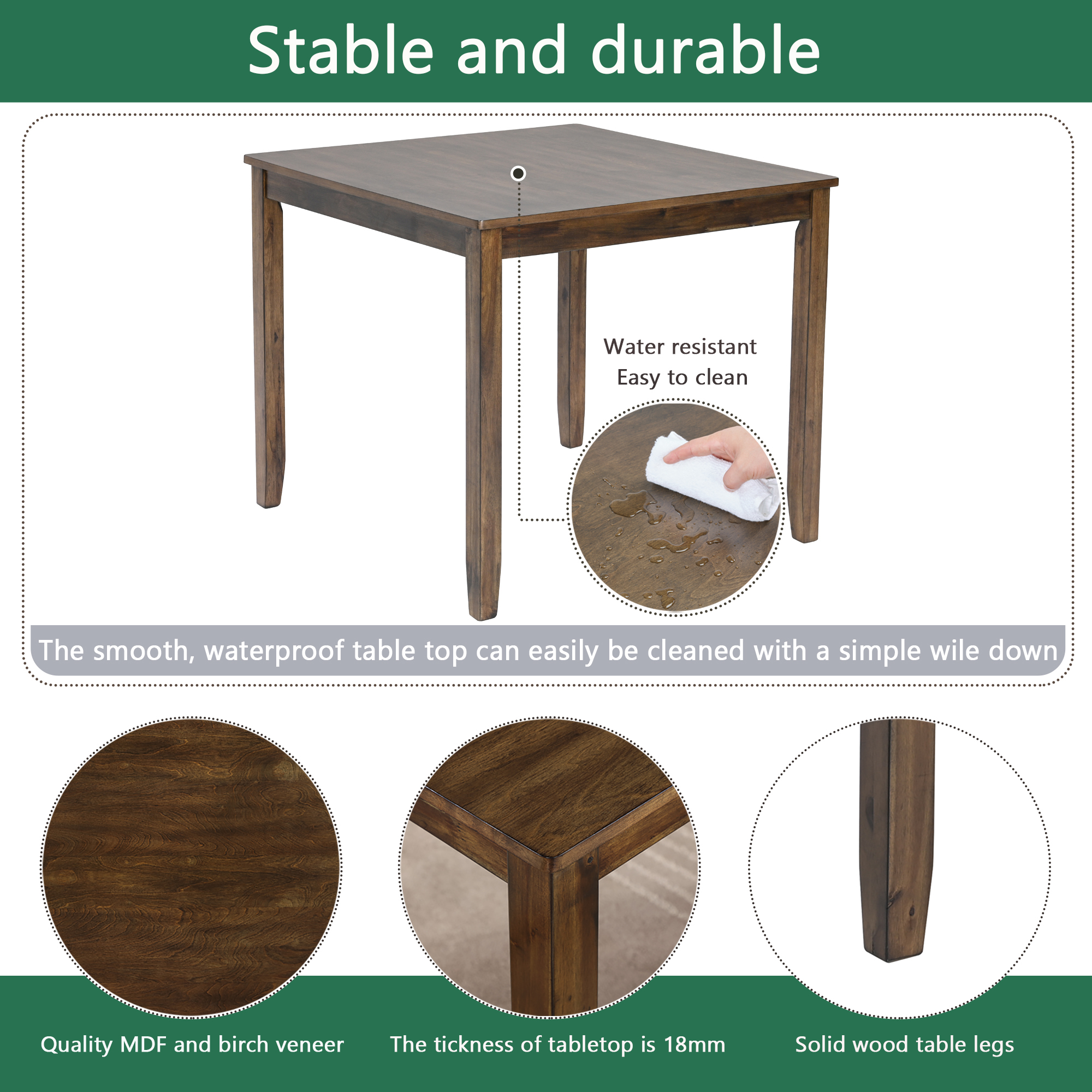 Modern 5-Piece Square Dining Table Set for 4, Walnut Finish Wood Kitchen Table with Upholstered Chairs
