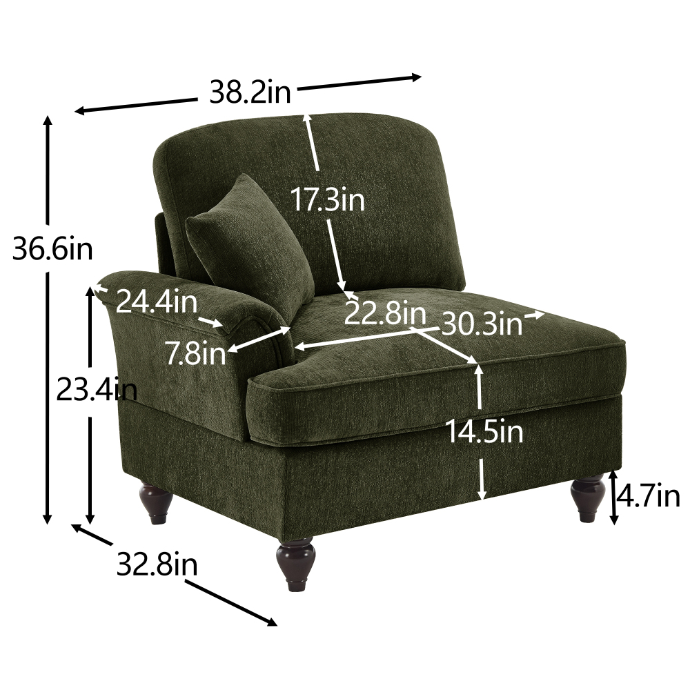 Green Chenille Modular Chaise Lounge with Detachable Ruffled Skirt & Throw Pillow - Elegant Convertible Armchair for Living Room