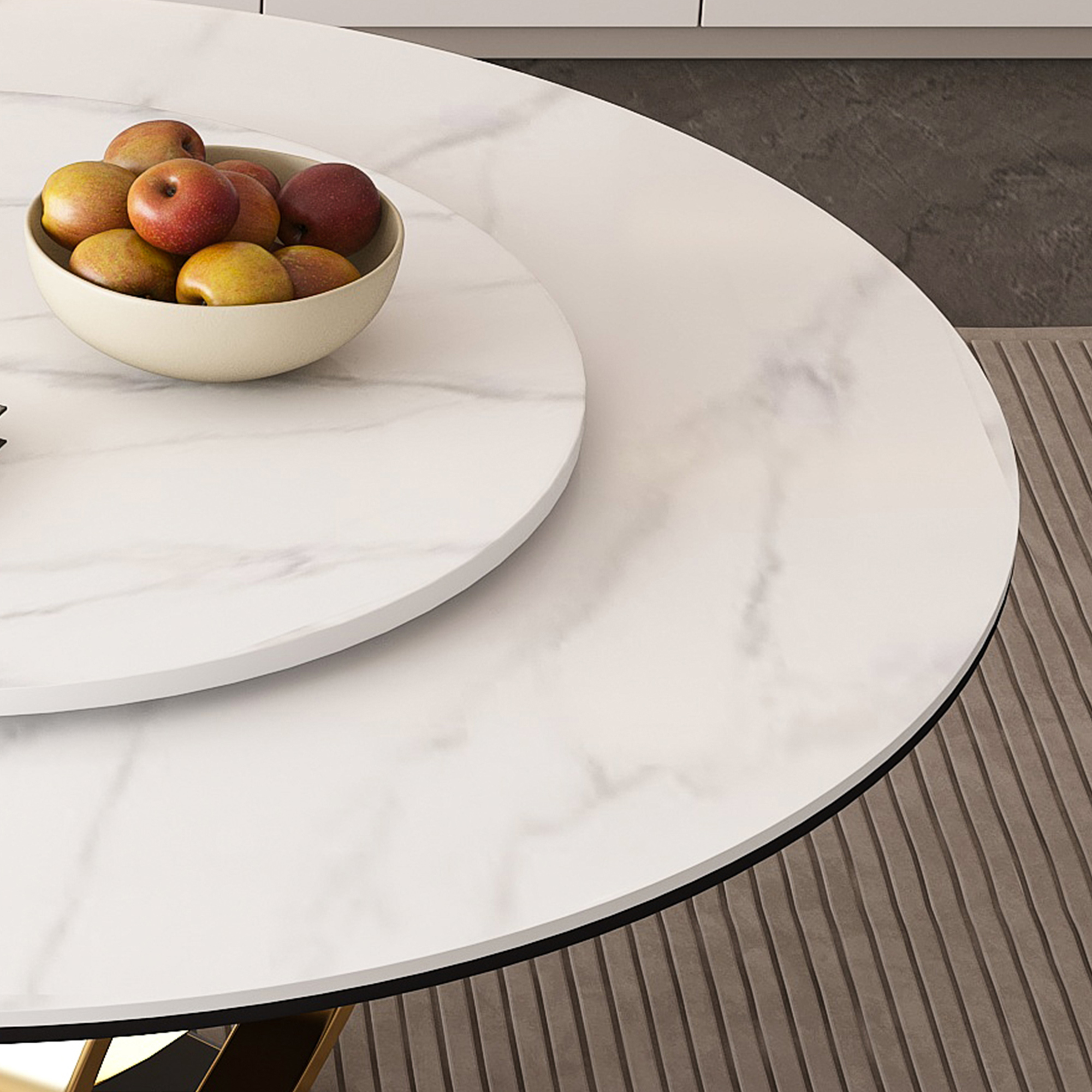 53" Round Dining Table Set with Lazy Susan - Sintered Stone Top & Gold Base, Modern 8-Person Kitchen Table