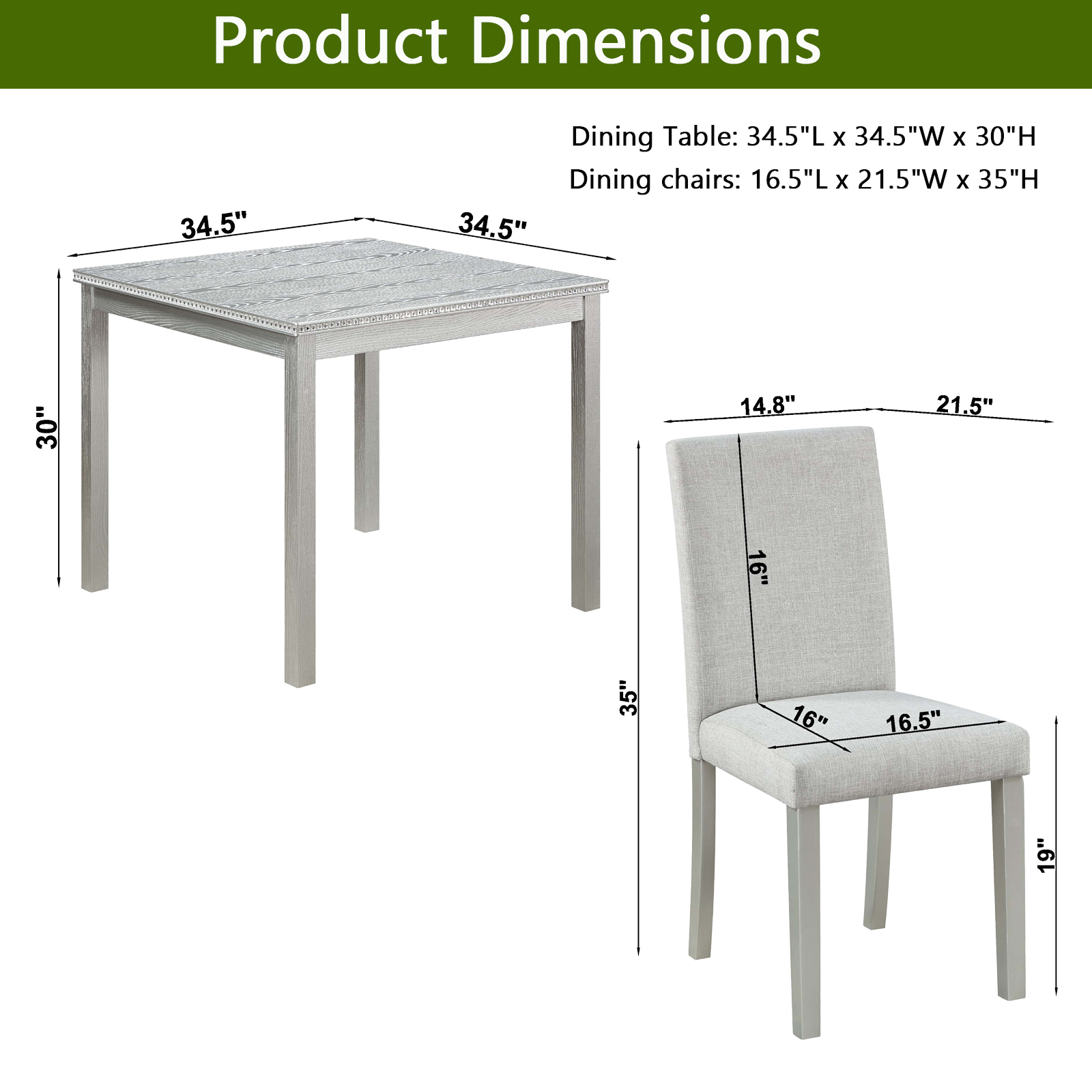 5-Piece Modern Square Dining Set with Crystal Accents, Silver Gray Wood Kitchen Table and 4 Upholstered Beige Chairs for Small Spaces