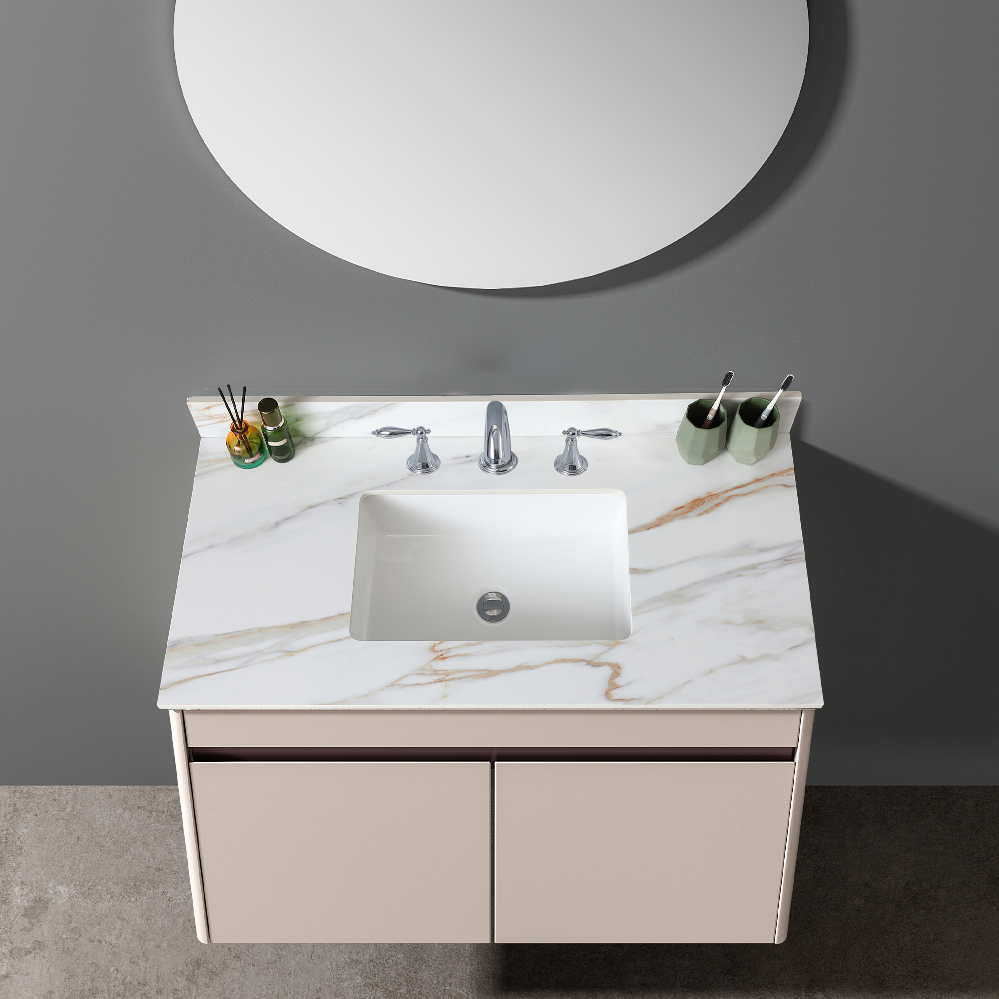 43 Inch Sintered Stone Vanity Top with Undermount Rectangular Sink, Carrara White Marble Bathroom Countertop with 4-Inch Backsplash & Pre-Drilled Faucet Holes