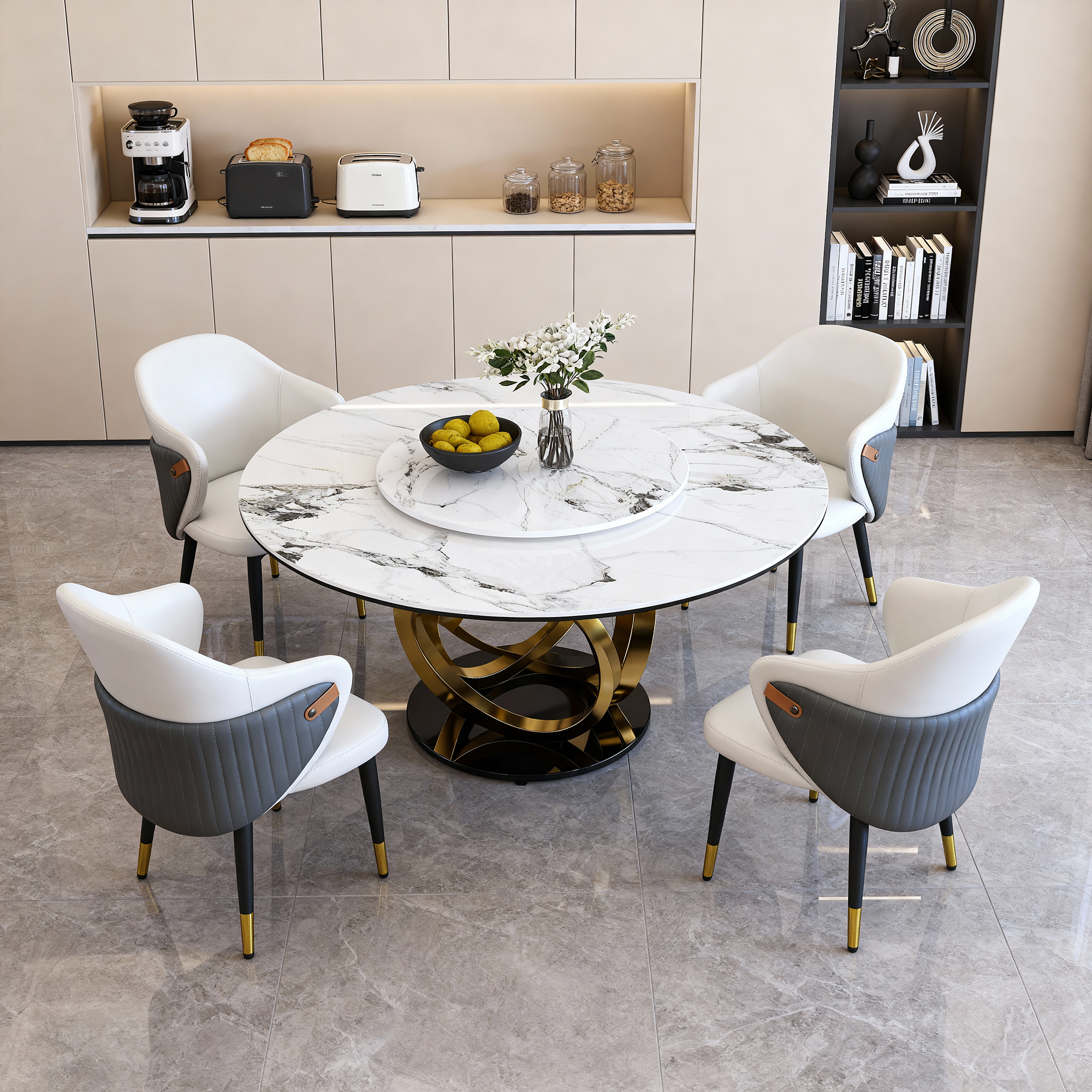 59" Round Dining Table Set with 360° Rotating Lazy Susan - Modern Sintered Stone Marble Top Kitchen Table for 6