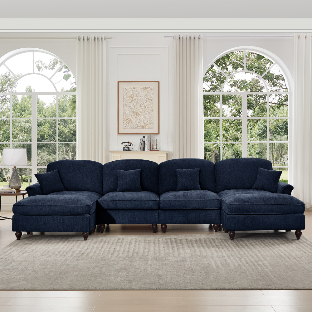 Classic Blue Chenille U-Shaped Modular Sectional Sofa with Removable Ruffled Skirt & Flared Arms