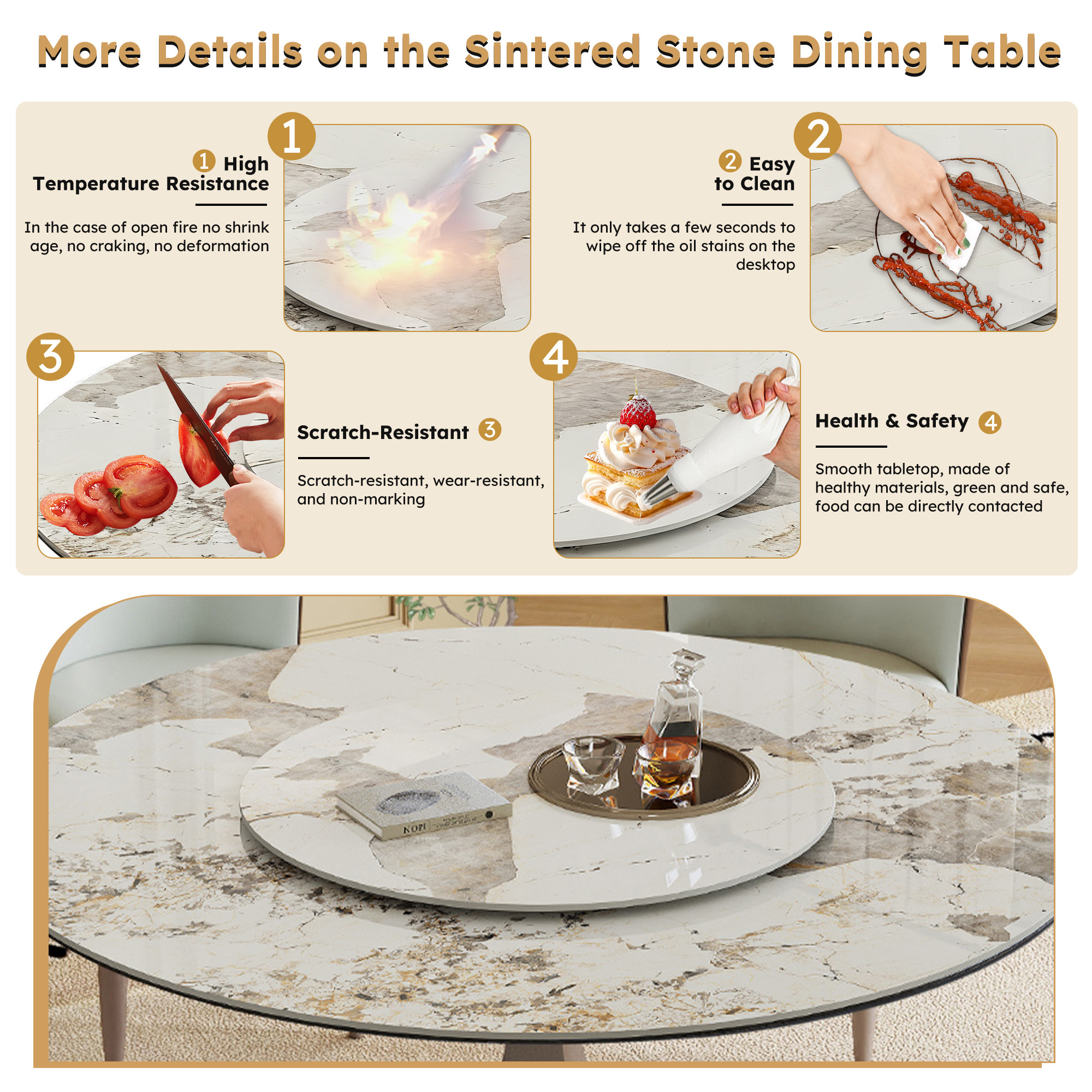 59" Round Dining Table Set with 360° Rotating Lazy Susan - Scratch & Heat Resistant Sintered Stone Top, Stainless Steel Base for Modern Kitchen