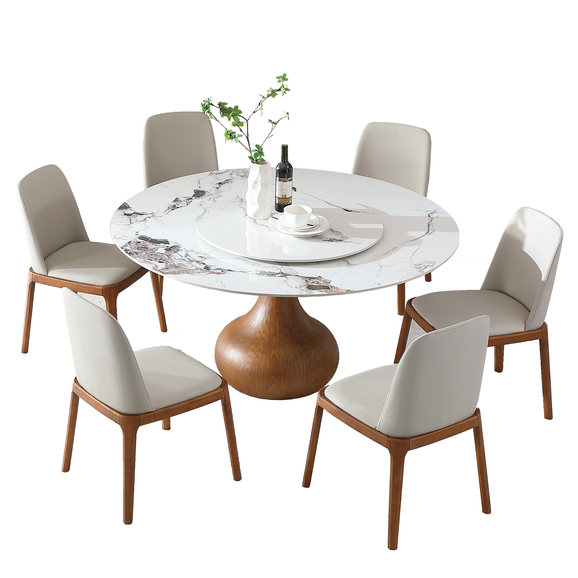 59" Round Sintered Stone Dining Table Set with Lazy Susan, Modern Marble Kitchen Table & 6 Upholstered Chairs, Luxury Pedestal Base for Dining Room