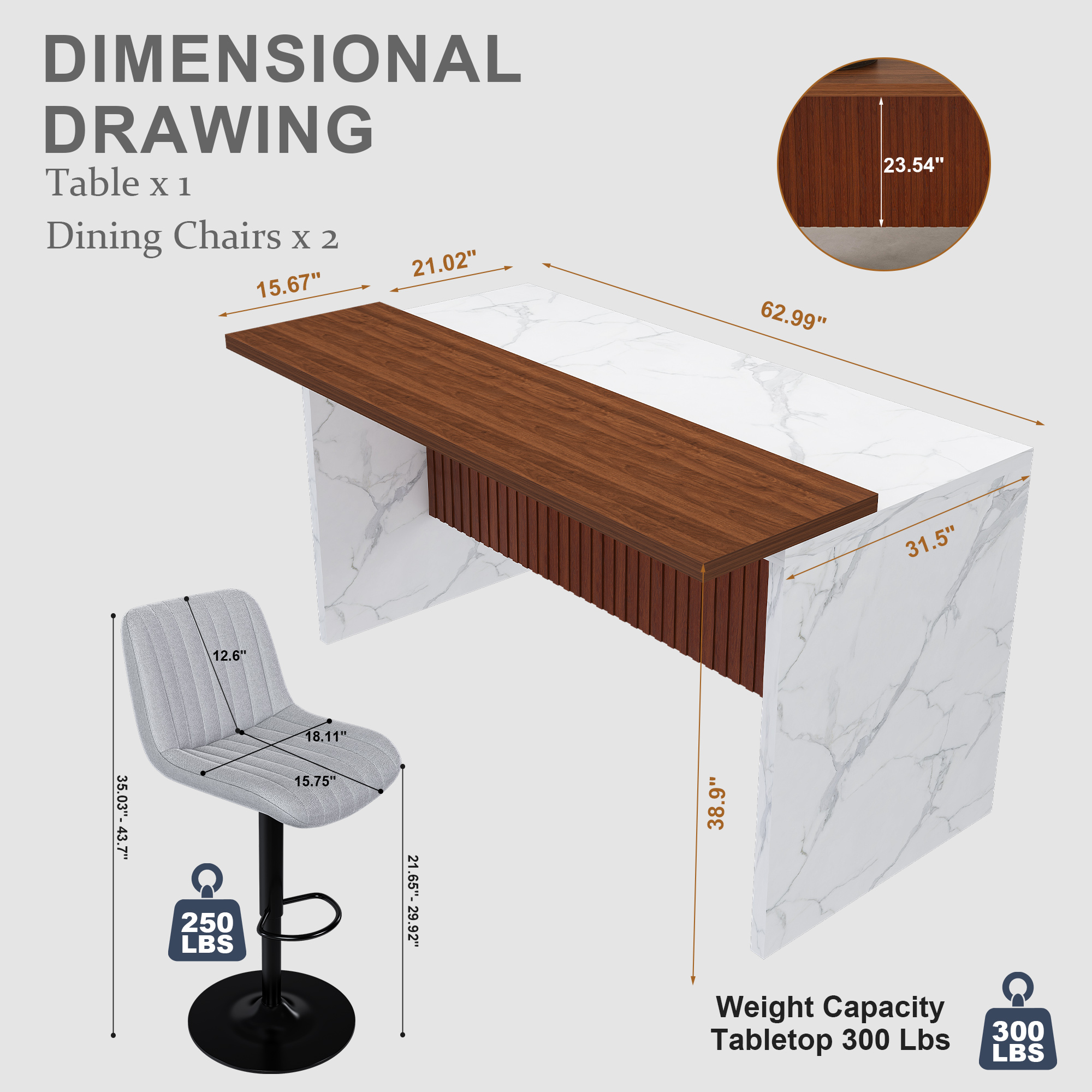 63" Modern Kitchen Island Set with LED Lighting & Marble Top - Contemporary Dining Table with Walnut Overhang, Grill Design & 2 Adjustable Gray Bar Stools for Open Concept Spaces