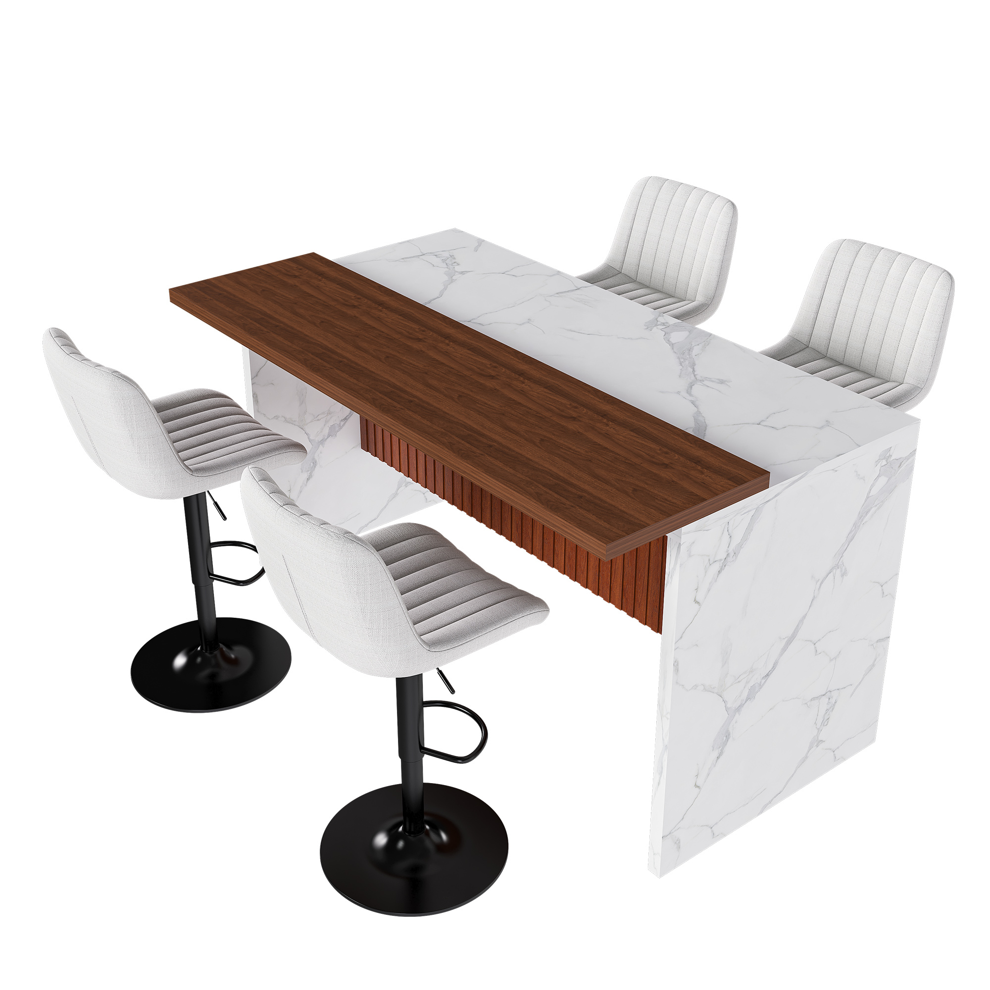 63" Modern Kitchen Island Set with LED Lighting & 4 Beige Bar Stools - White Marble Look Dining Table for Open Concept Spaces