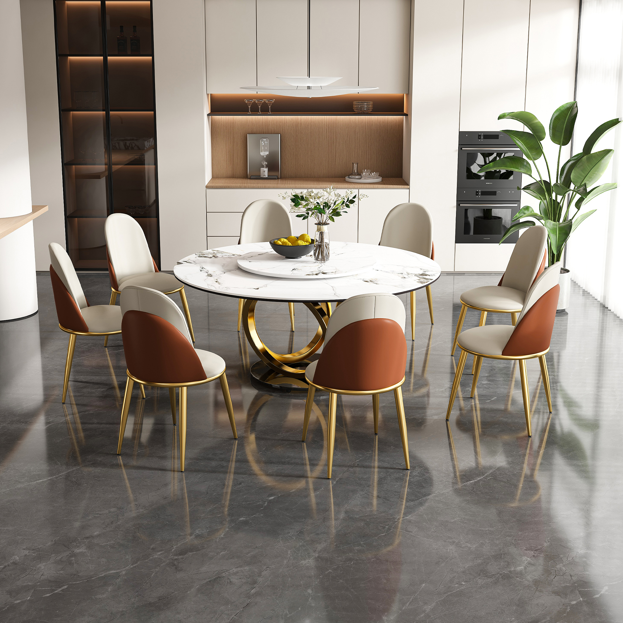 59" Round Sintered Stone Dining Table Set with Rotating Lazy Susan & Gold Base - Modern 8-Piece Kitchen Dinette Furniture