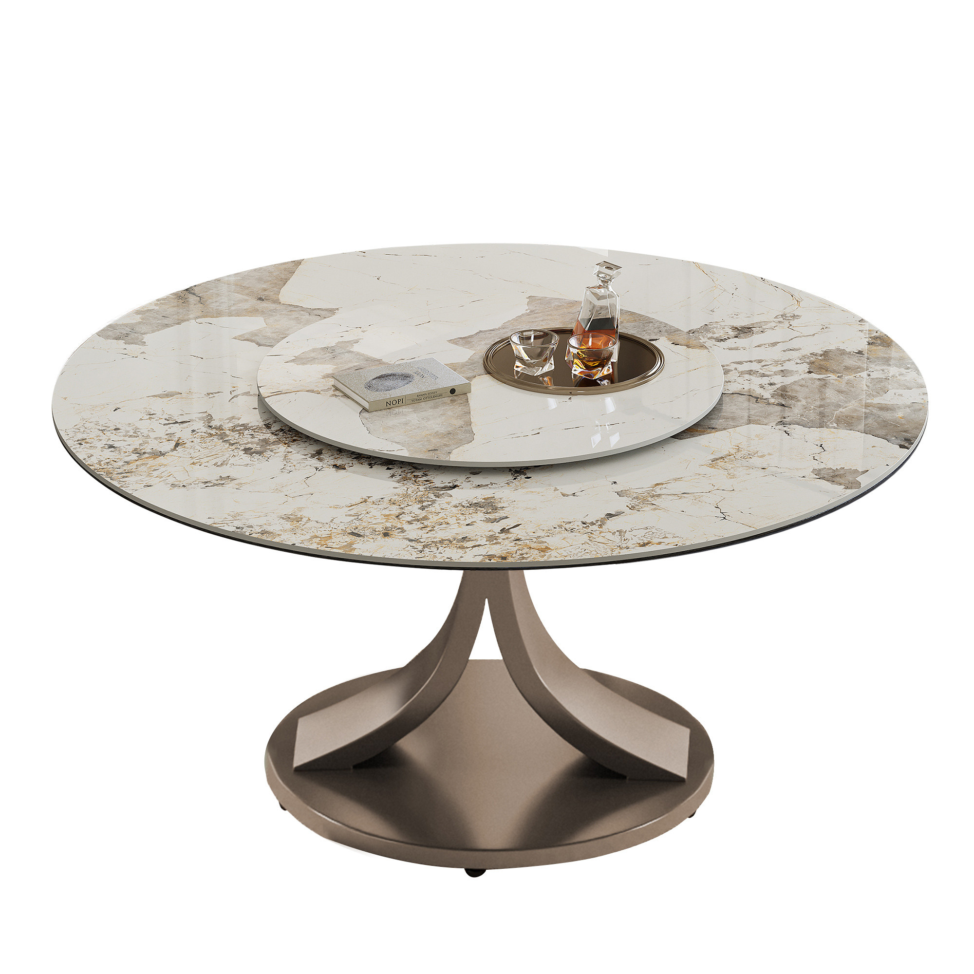59" Round Dining Table Set with Rotating Lazy Susan - Scratch & Heat Resistant Sintered Stone Top, Stainless Steel Base, Modern Luxury Kitchen Furniture for 4-8 People