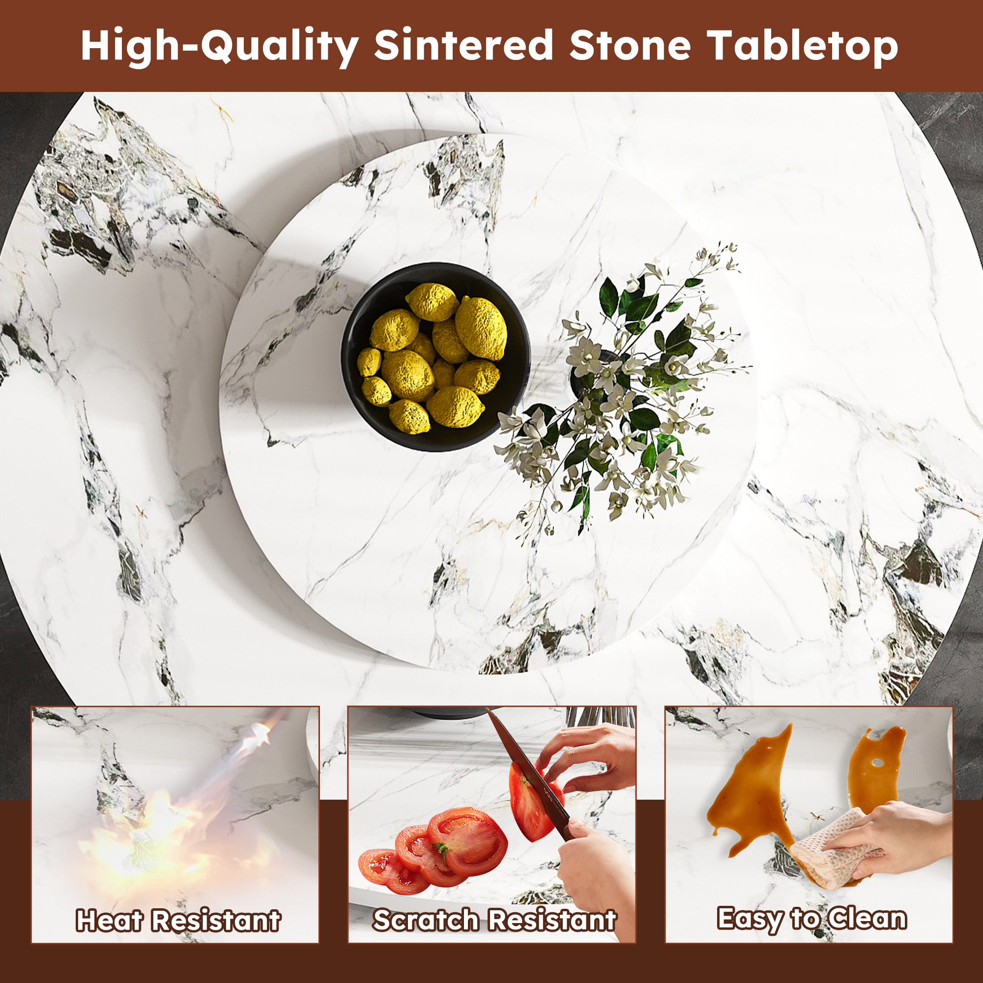 59" Round Sintered Stone Dining Table Set with Rotating Lazy Susan & Gold Base - Modern 8-Piece Kitchen Dinette Furniture