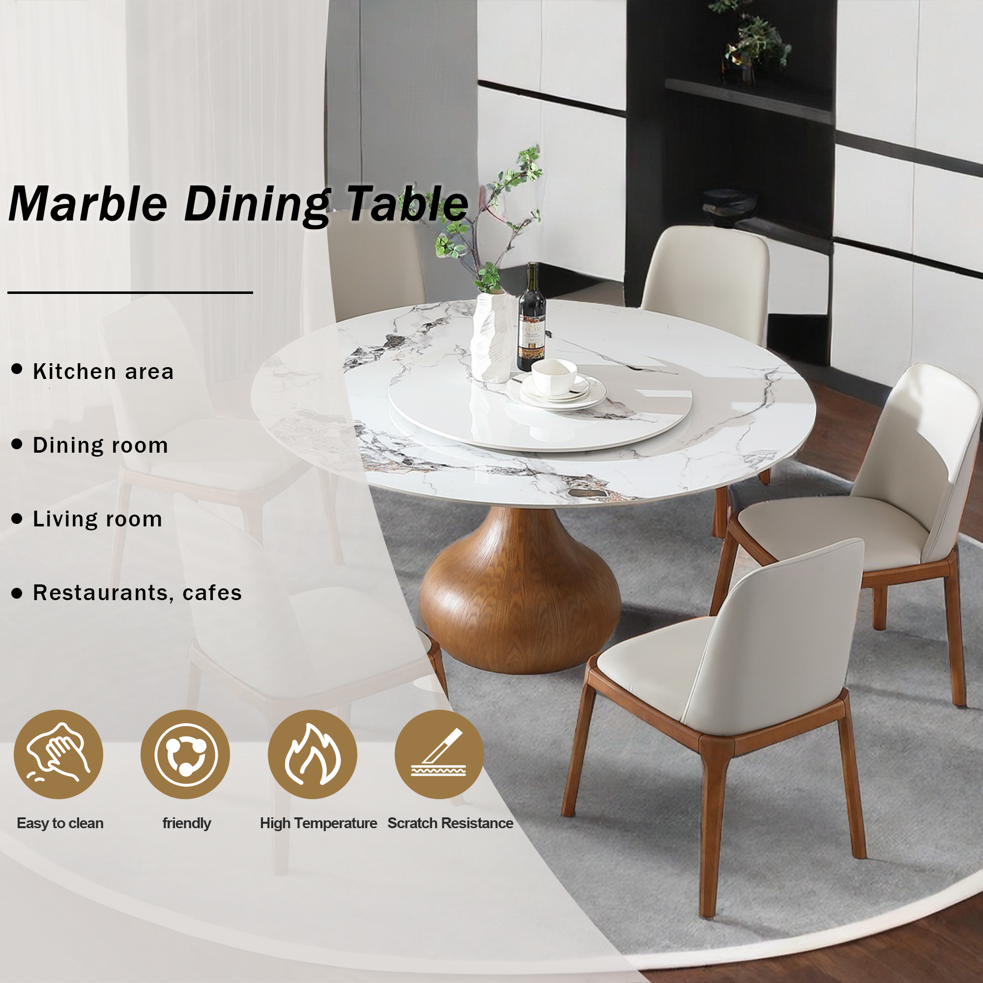 59" Round Sintered Stone Dining Table Set with Lazy Susan, Modern Marble Kitchen Table & 6 Upholstered Chairs, Luxury Pedestal Base for Dining Room