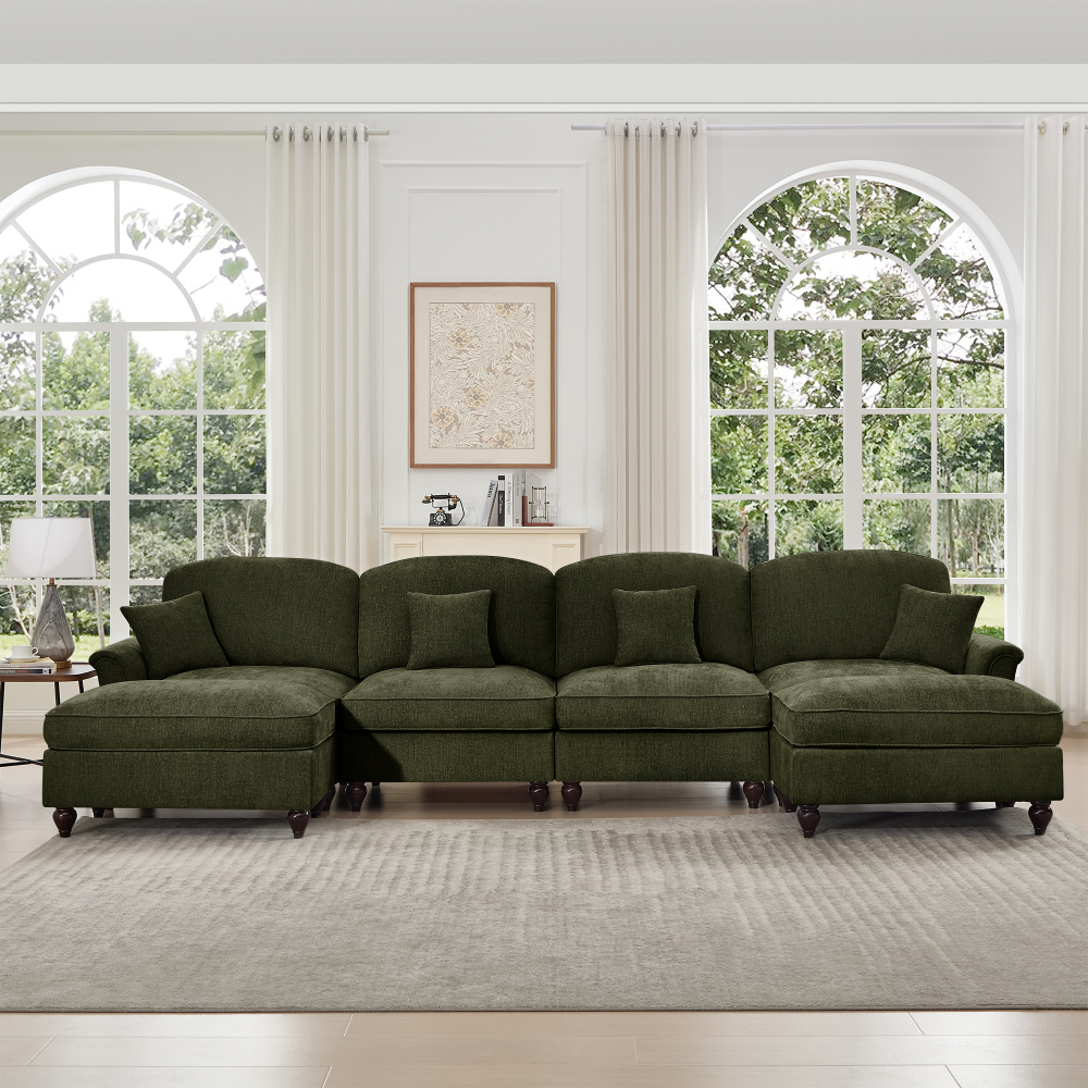 Classic Green Chenille U-Shaped Modular Sectional Sofa with Removable Ruffle Skirt & Flared Arms
