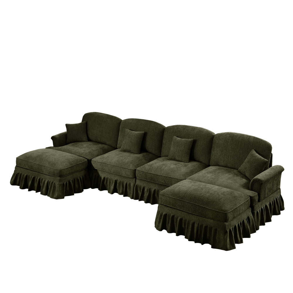 Classic Green Chenille U-Shaped Modular Sectional Sofa with Removable Ruffle Skirt & Flared Arms