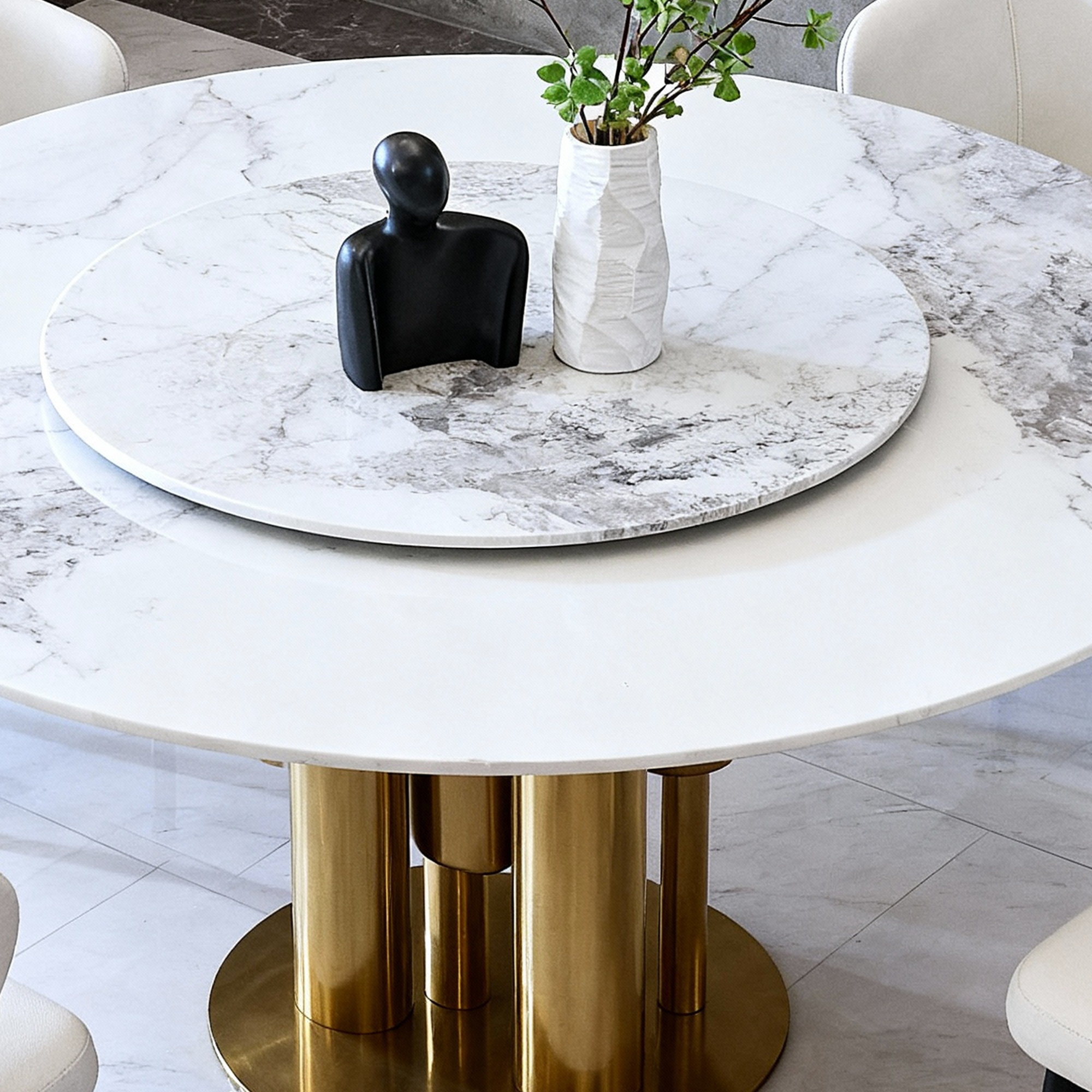 59" Round Sintered Stone Dining Table Set with 360° Lazy Susan & Gold Base - Luxury Modern Kitchen Furniture for 6