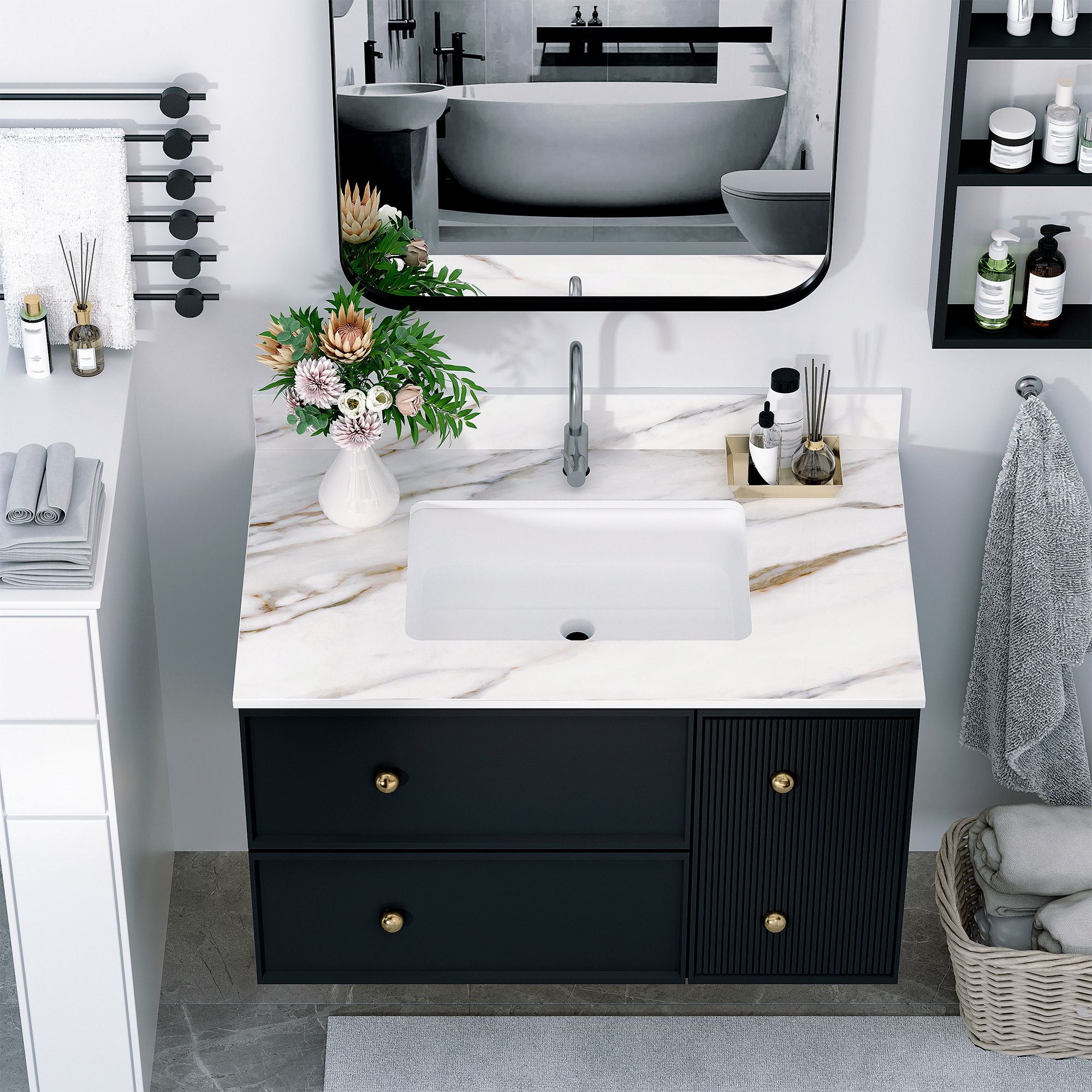 37" Sintered Stone Bathroom Vanity Top with Undermount Rectangular Sink - Carrara White Marble Countertop with 4" Backsplash