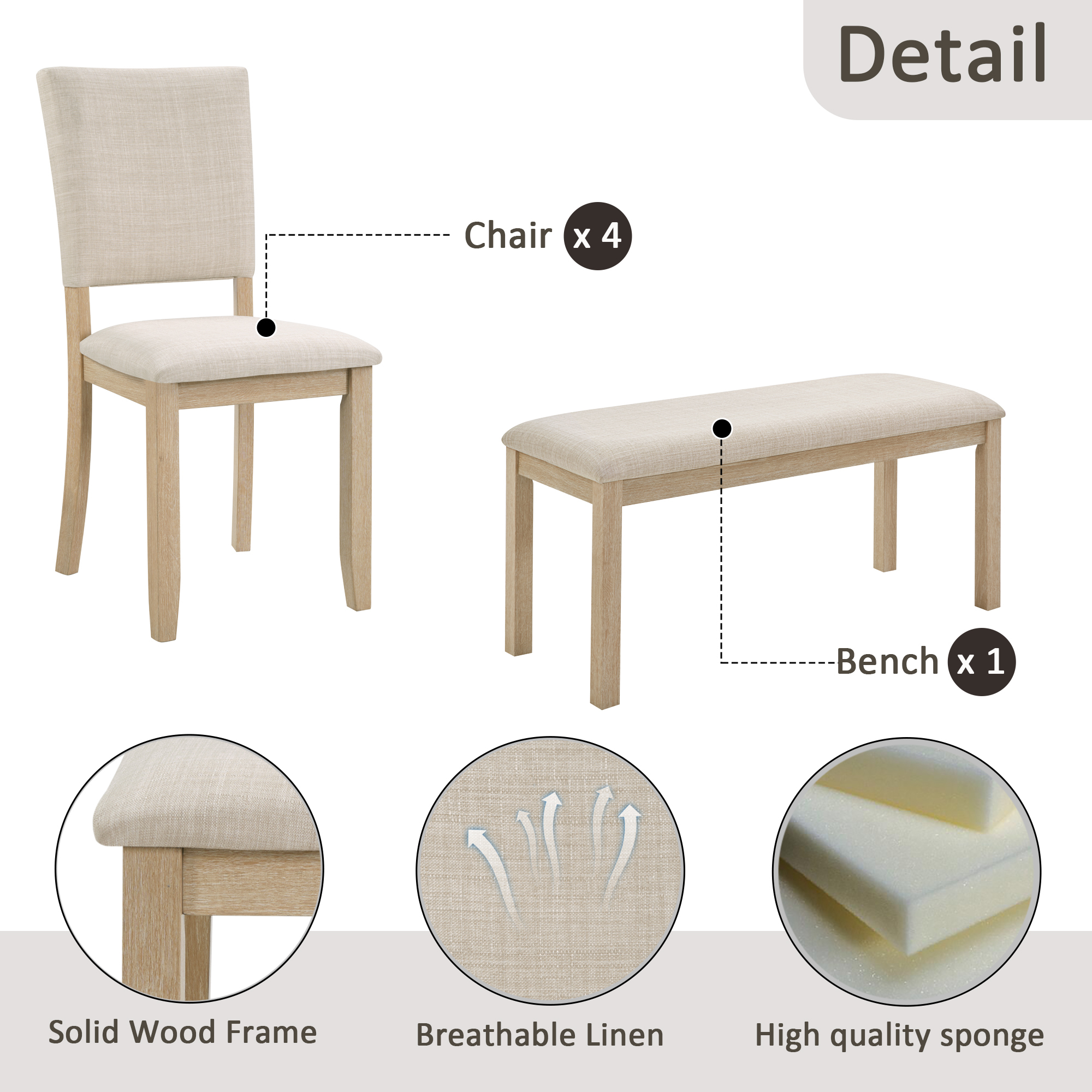 Modern 6-Piece Dining Set with Bench & 4 Chairs - Light Oak Rectangular Kitchen Table Ensemble