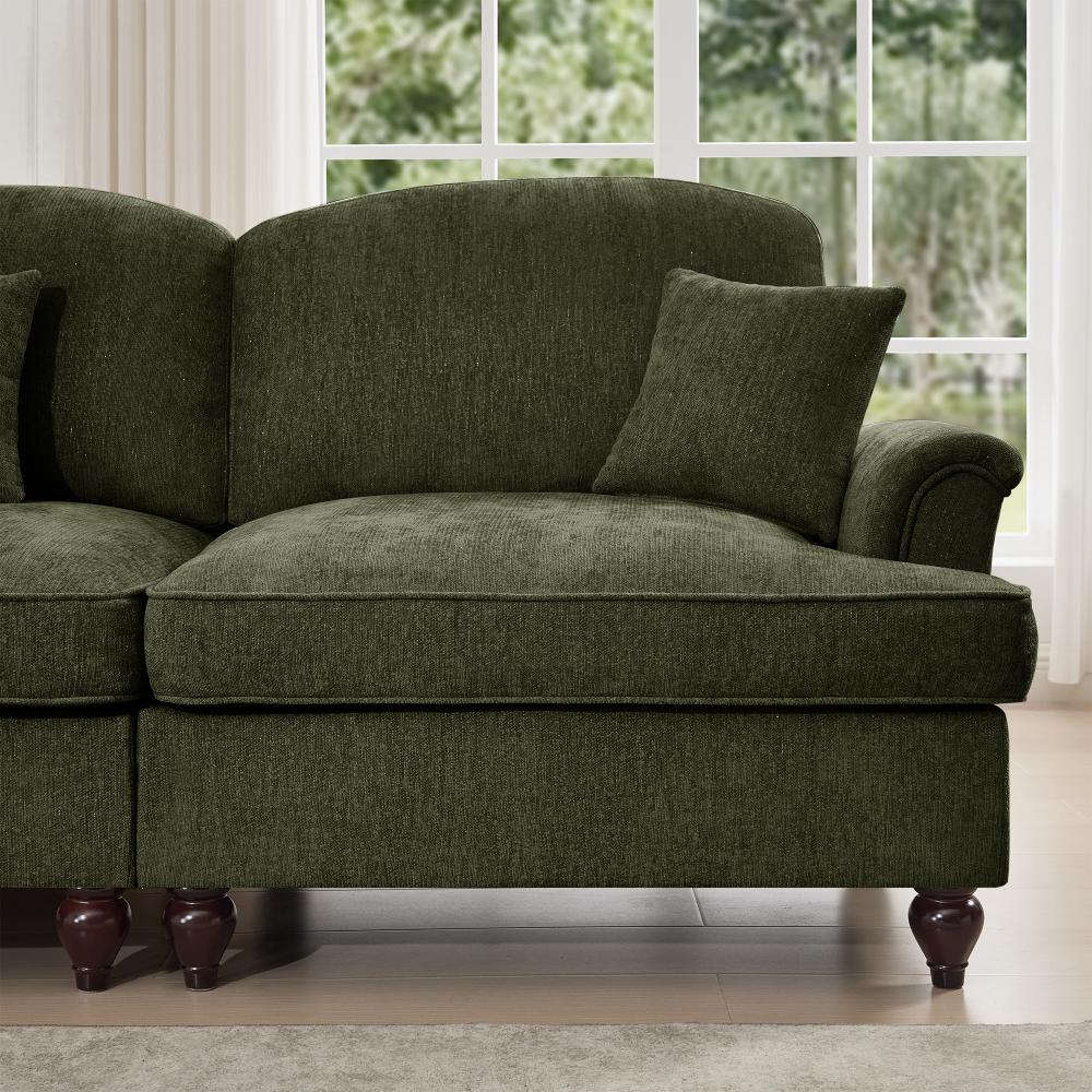 Classic Green Chenille U-Shaped Modular Sectional Sofa with Removable Ruffle Skirt & Flared Arms